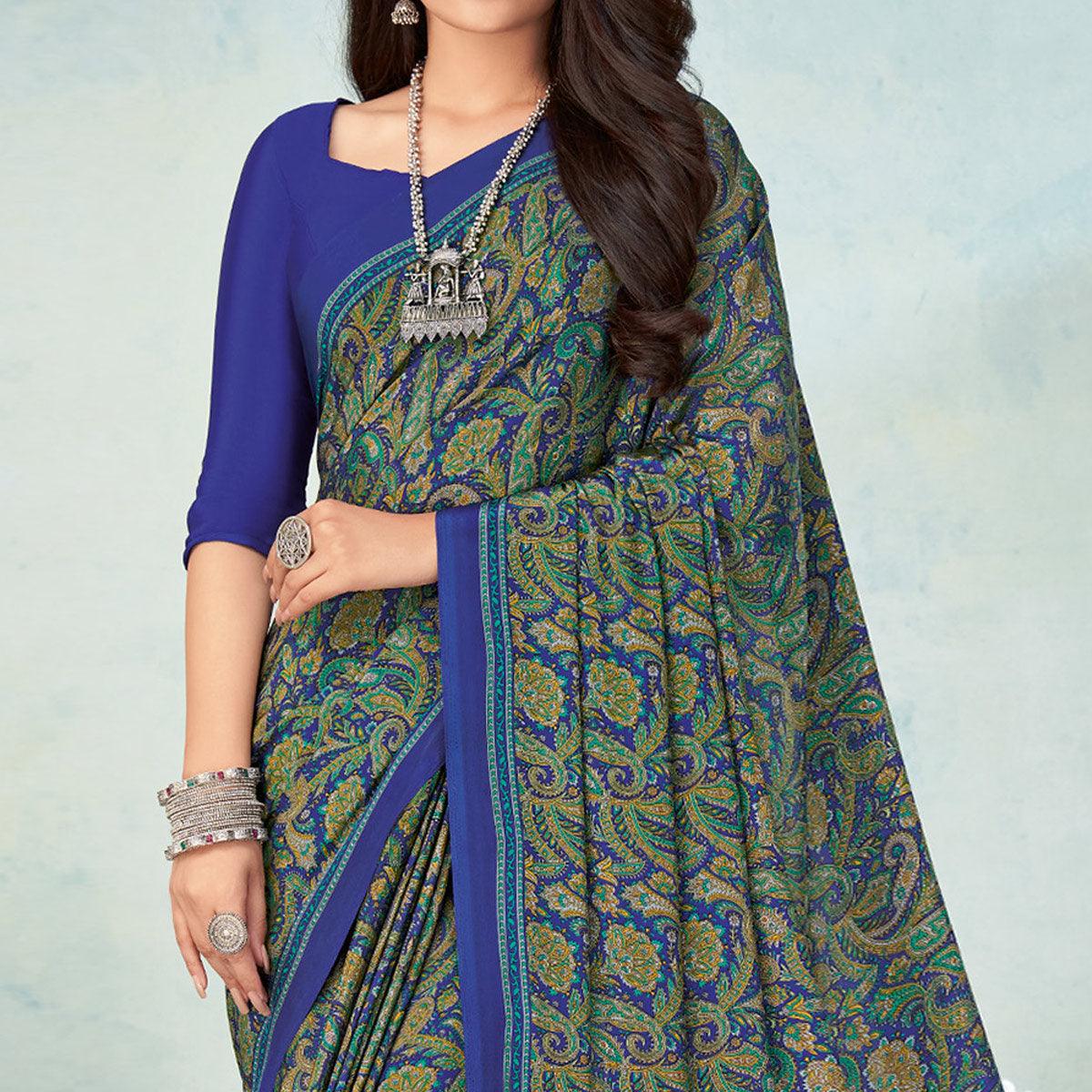 Blue Printed Raw Silk Saree - Peachmode