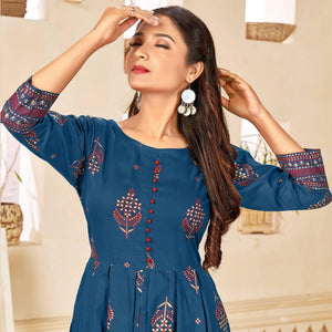 Blue Printed Rayon Anarkali Kurti - Peachmode