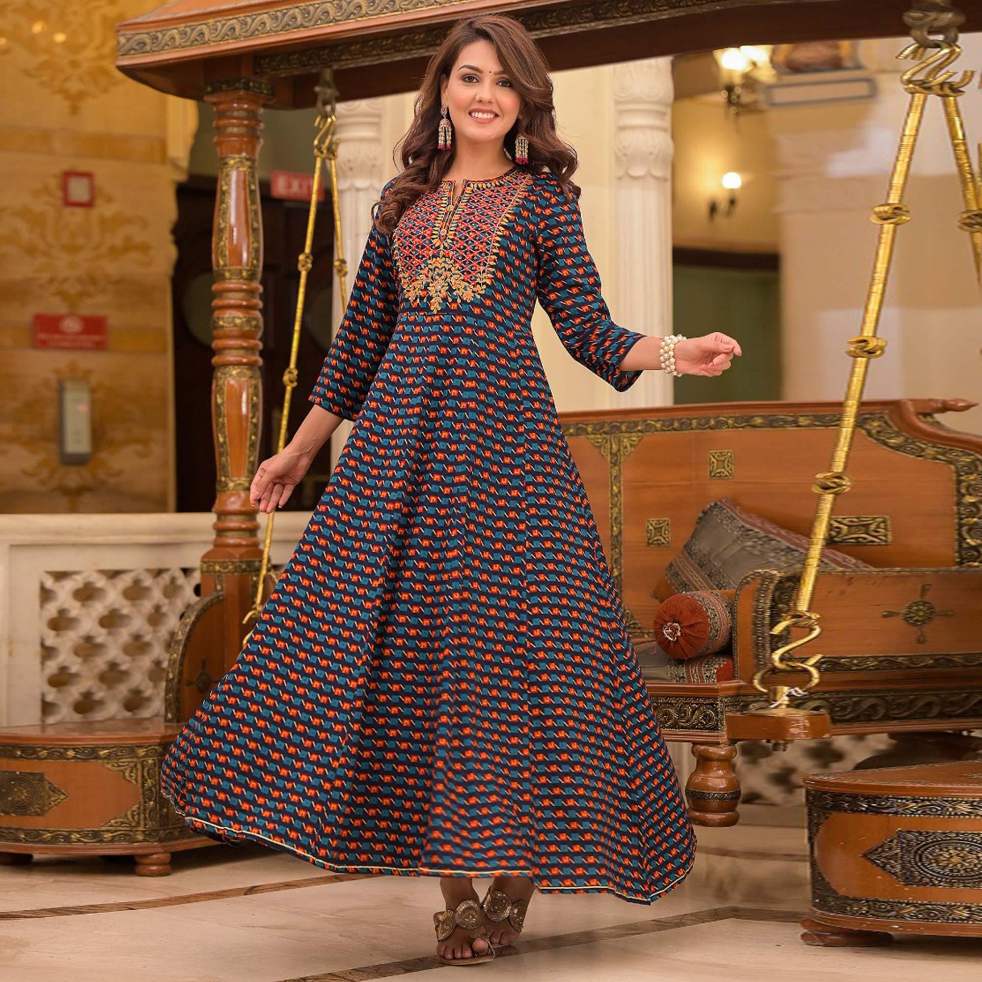 Blue Printed Rayon Kurtis - Peachmode