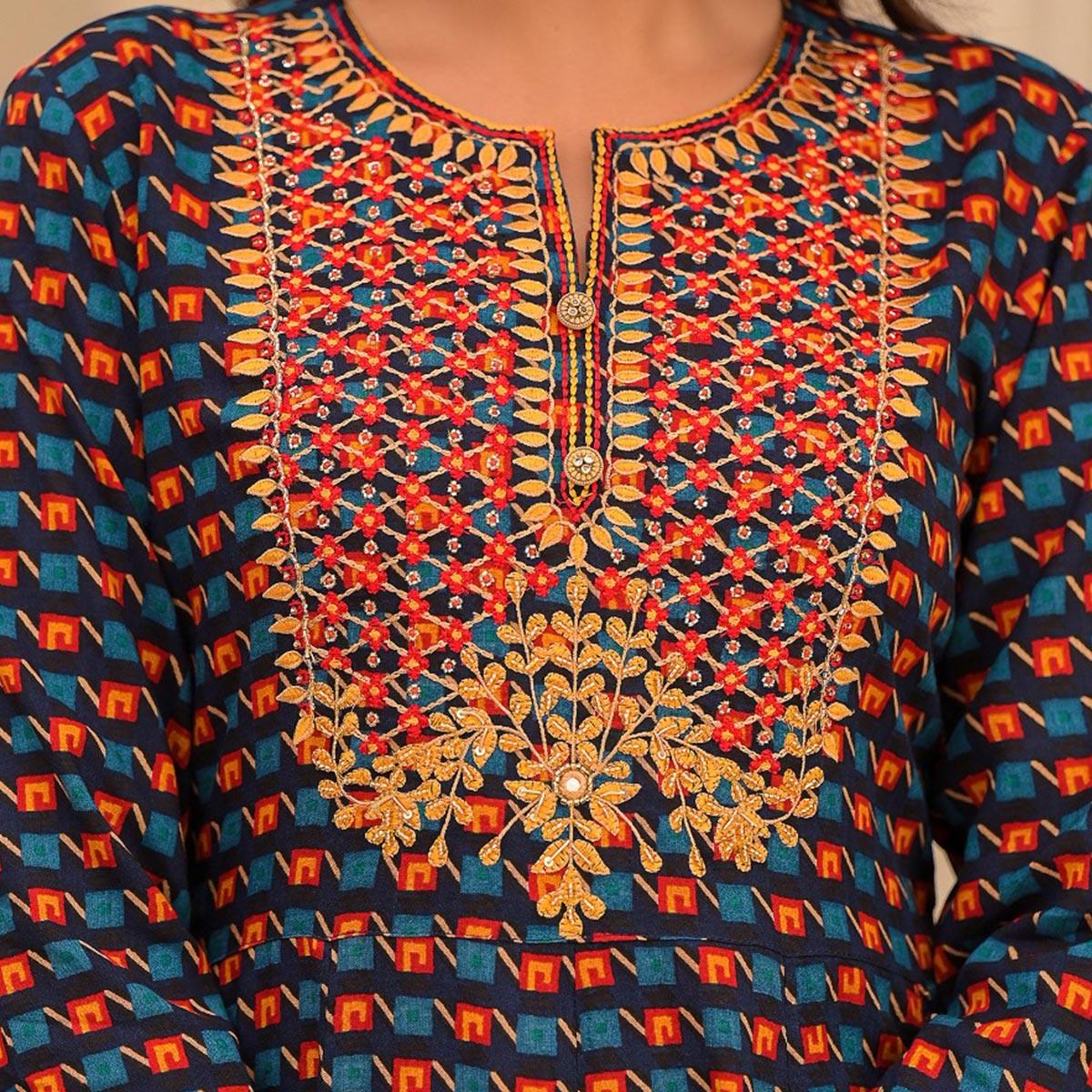 Blue Printed Rayon Kurtis - Peachmode