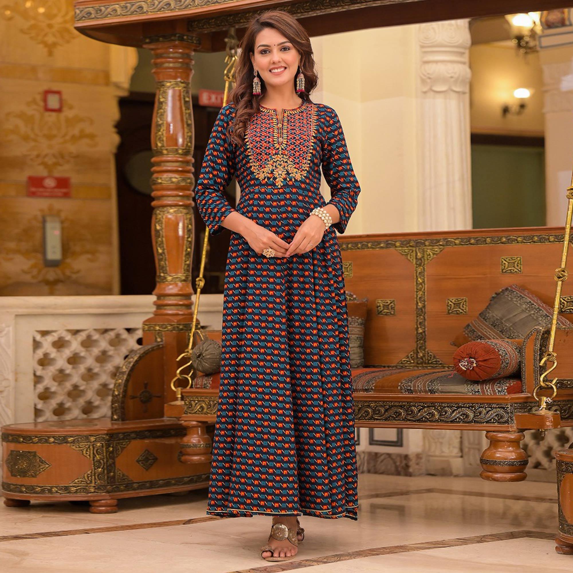 Blue Printed Rayon Kurtis - Peachmode
