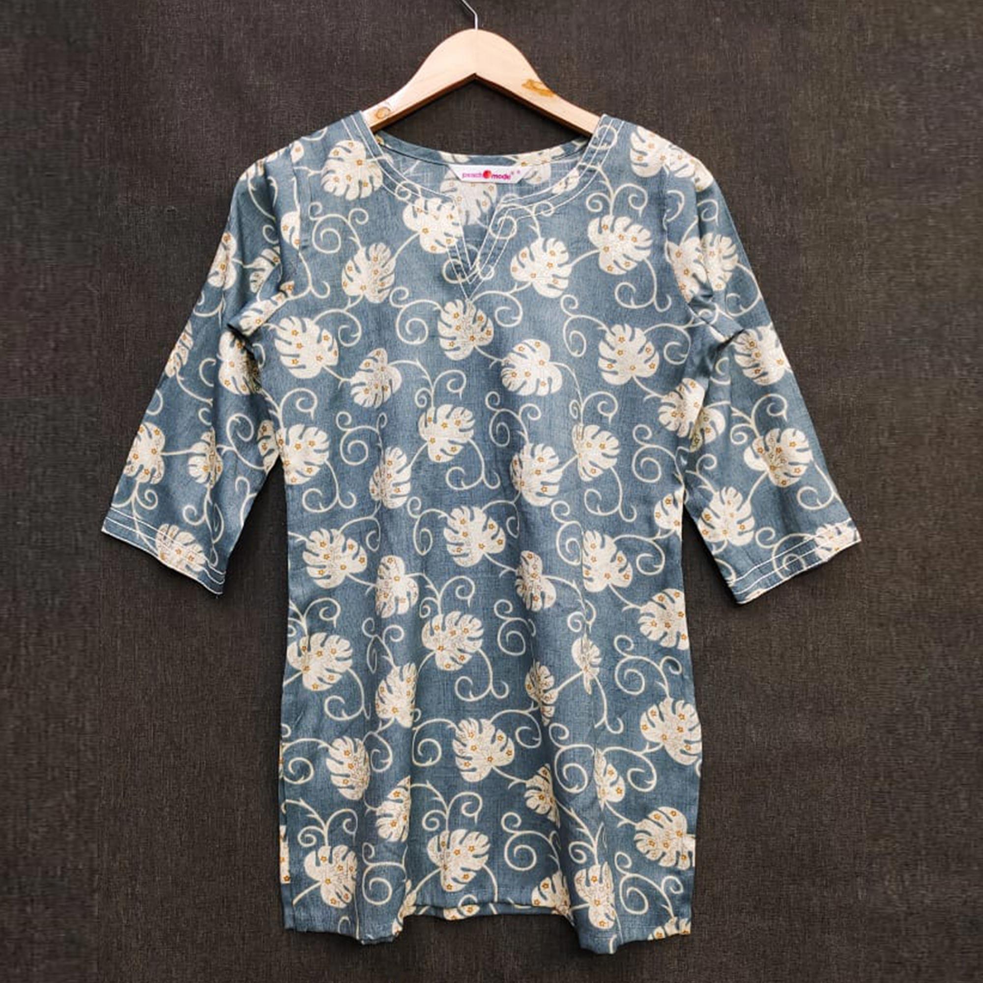 Blue Printed Rayon Top - Peachmode