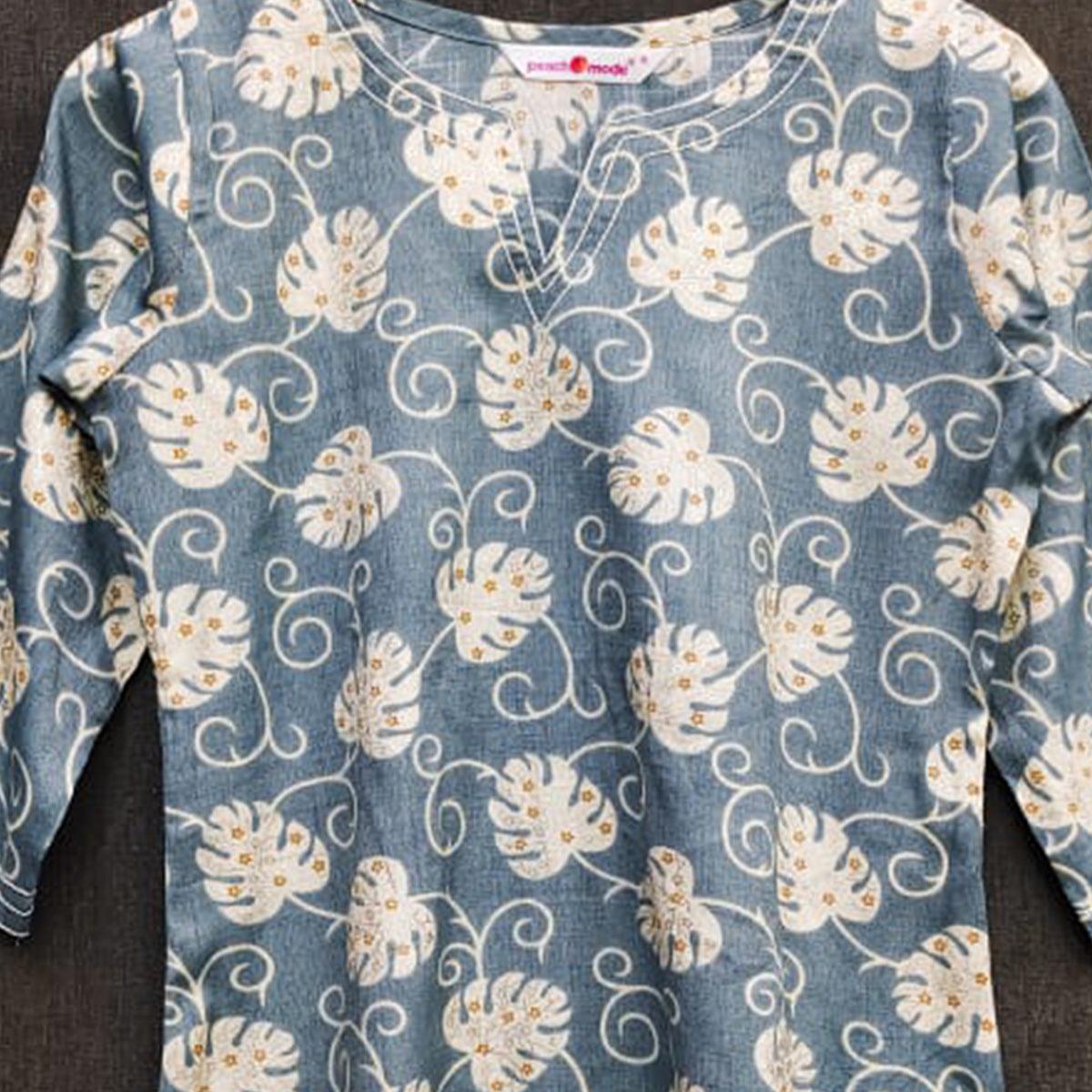 Blue Printed Rayon Top - Peachmode