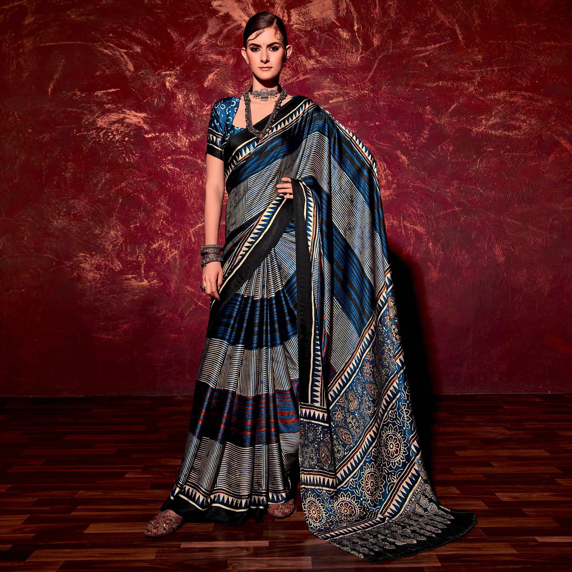 Blue Printed Satin Saree - Peachmode