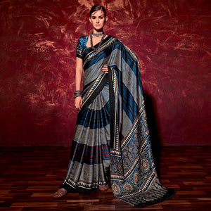 Blue Printed Satin Saree - Peachmode