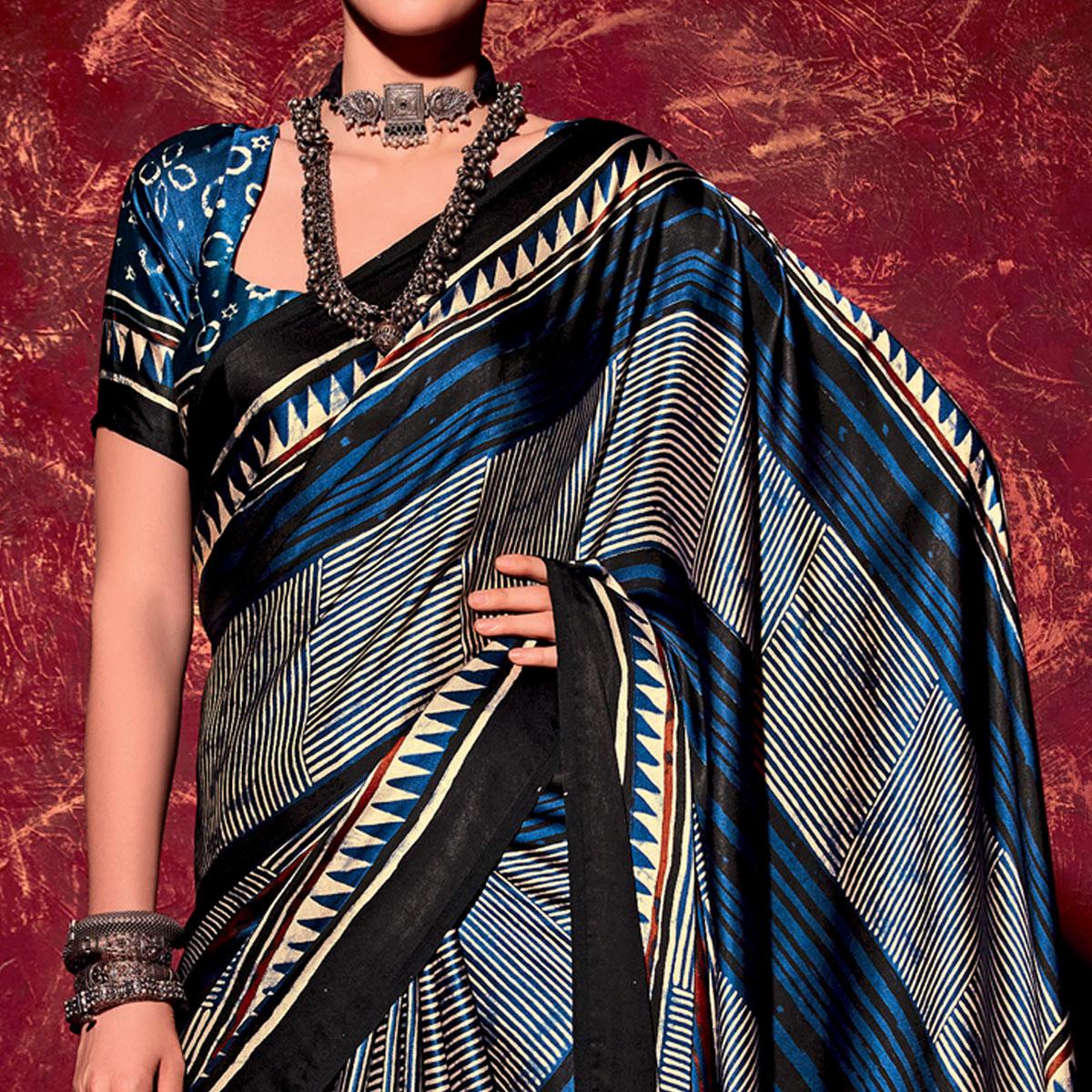 Blue Printed Satin Saree - Peachmode