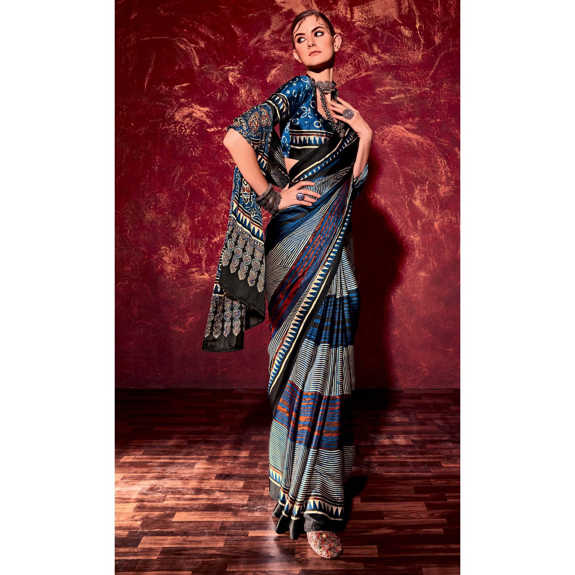 Blue Printed Satin Saree - Peachmode