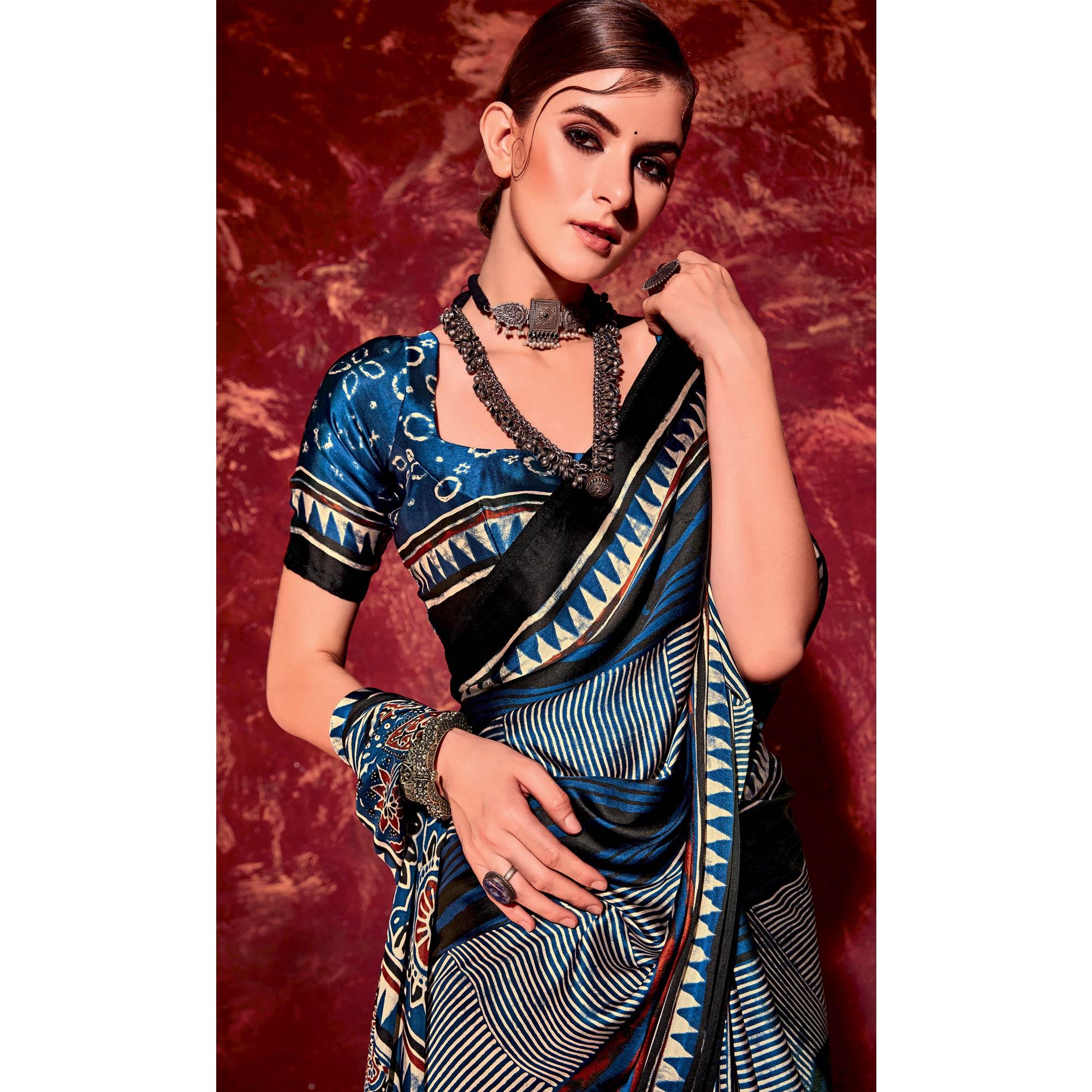 Blue Printed Satin Saree - Peachmode