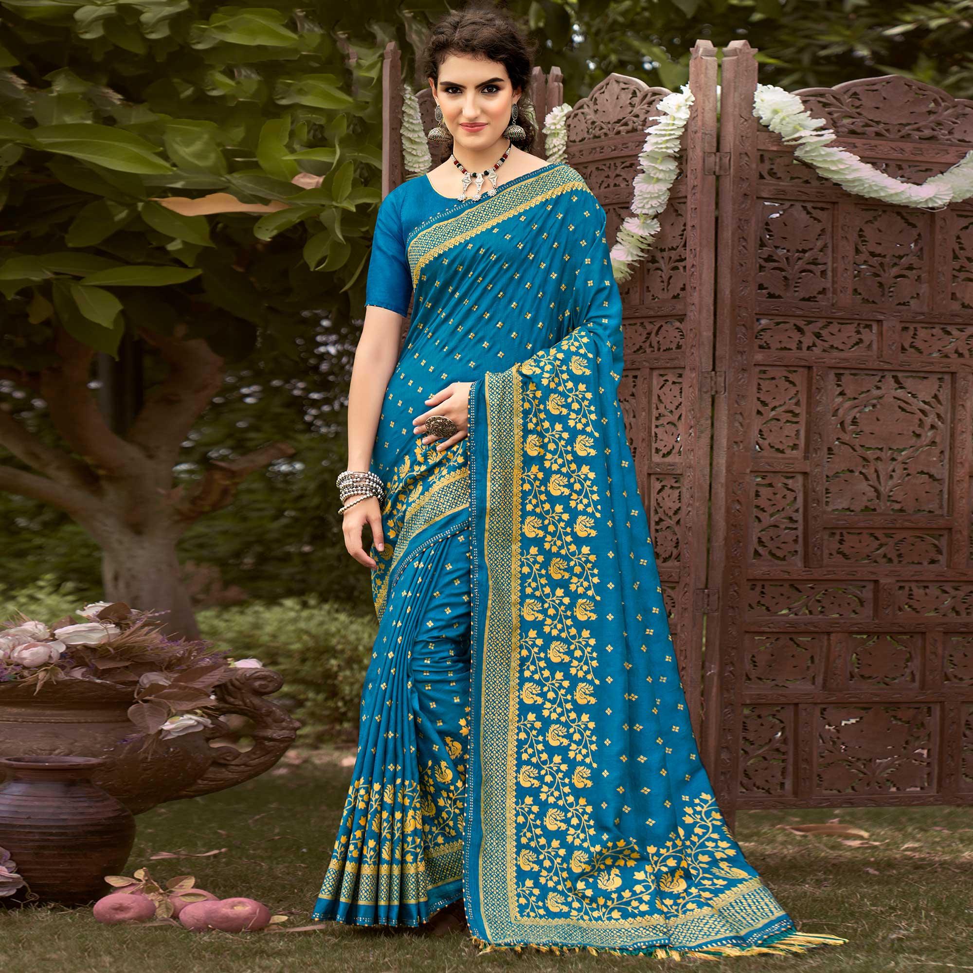 Blue Printed Vichitra Silk Saree With Tassels - Peachmode