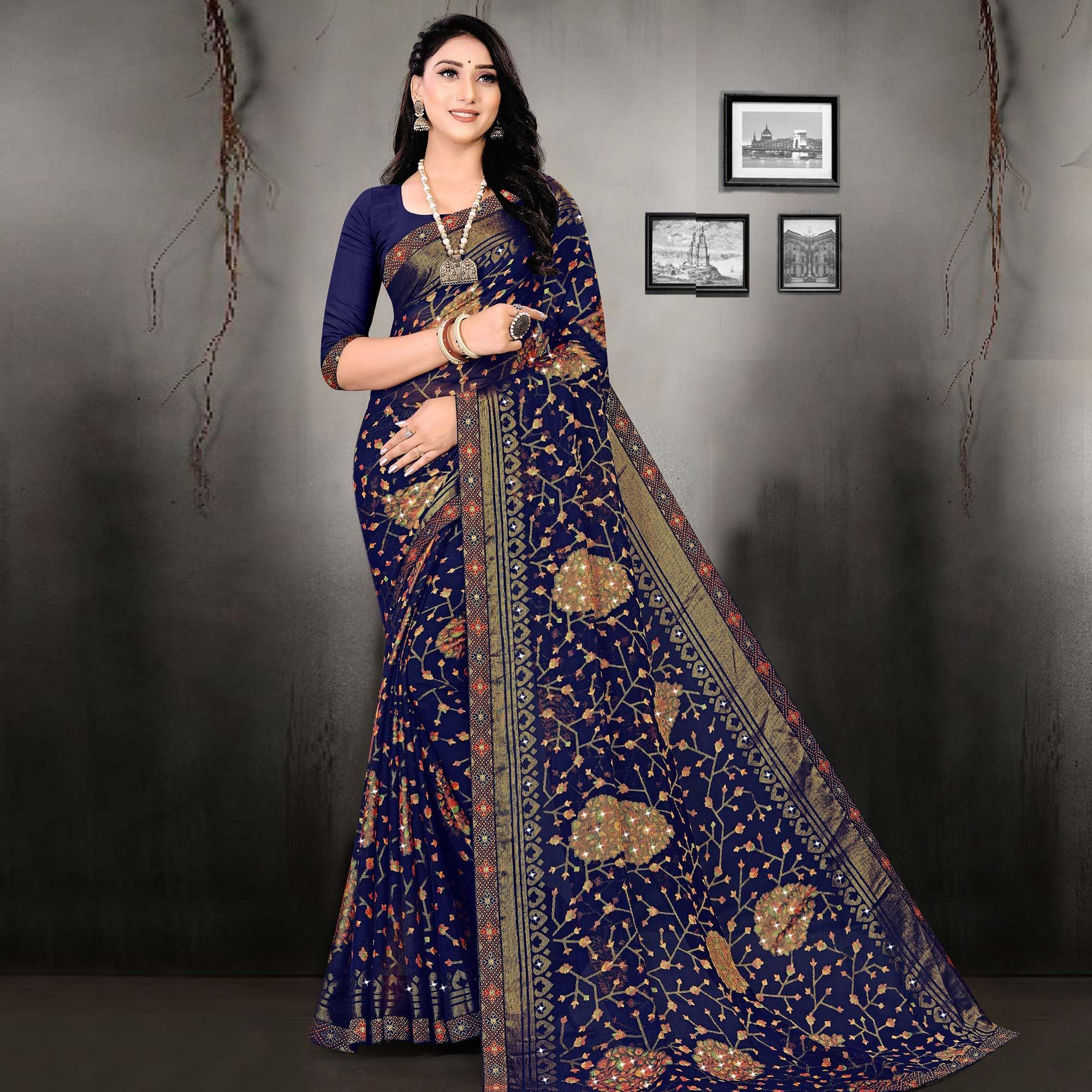 Blue Printed With Embellished Brasso Saree - Peachmode
