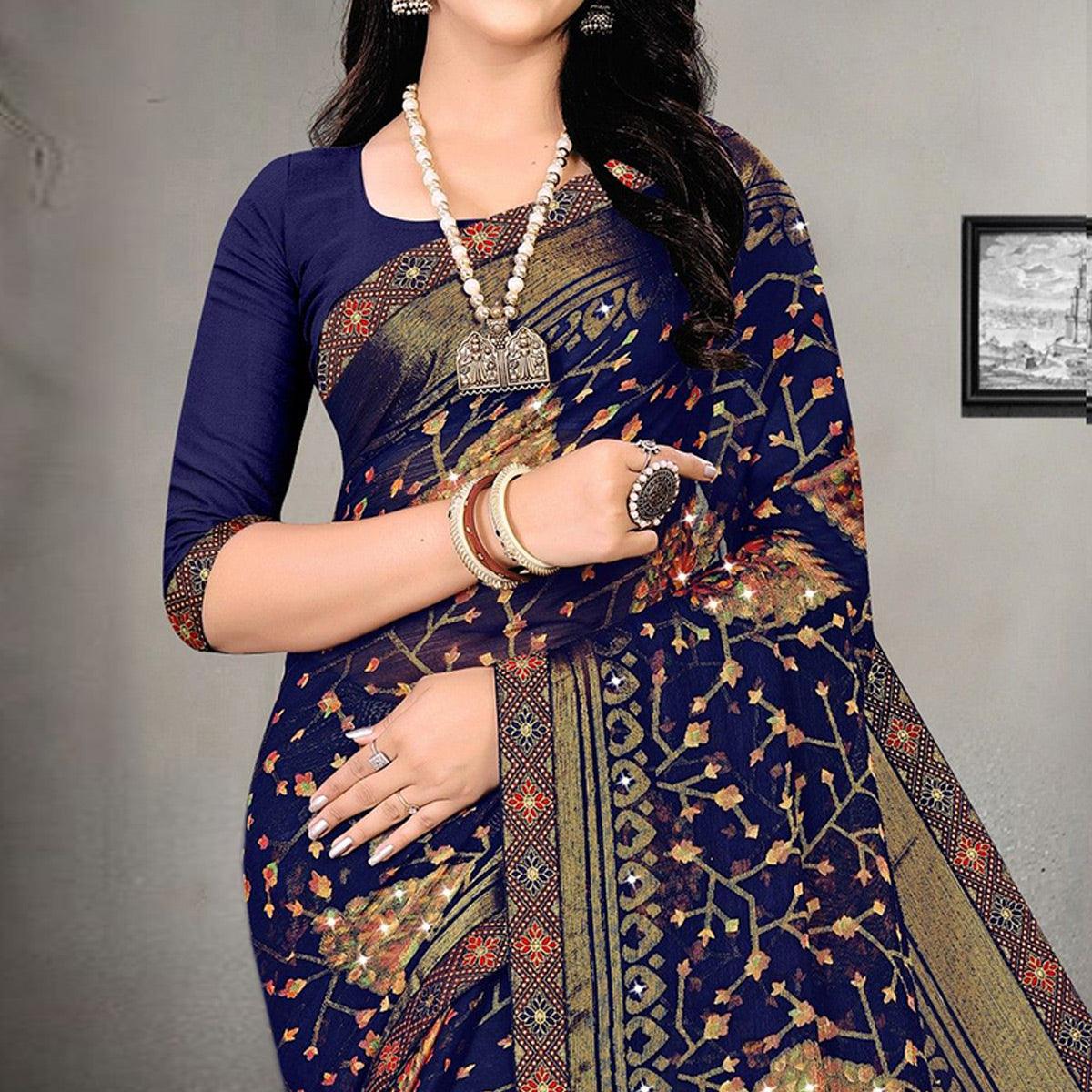 Blue Printed With Embellished Brasso Saree - Peachmode