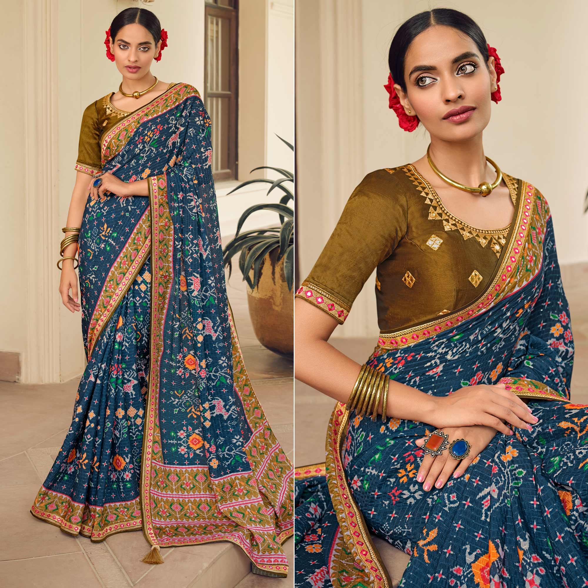 Blue Printed With Embellished Chiffon Saree With Tassels - Peachmode