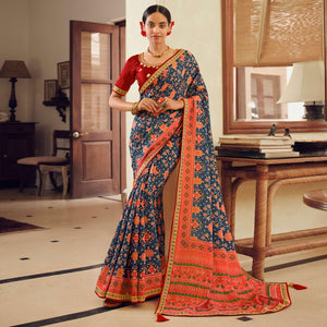 Blue Printed With Embellished Chiffon Saree With Tassels - Peachmode