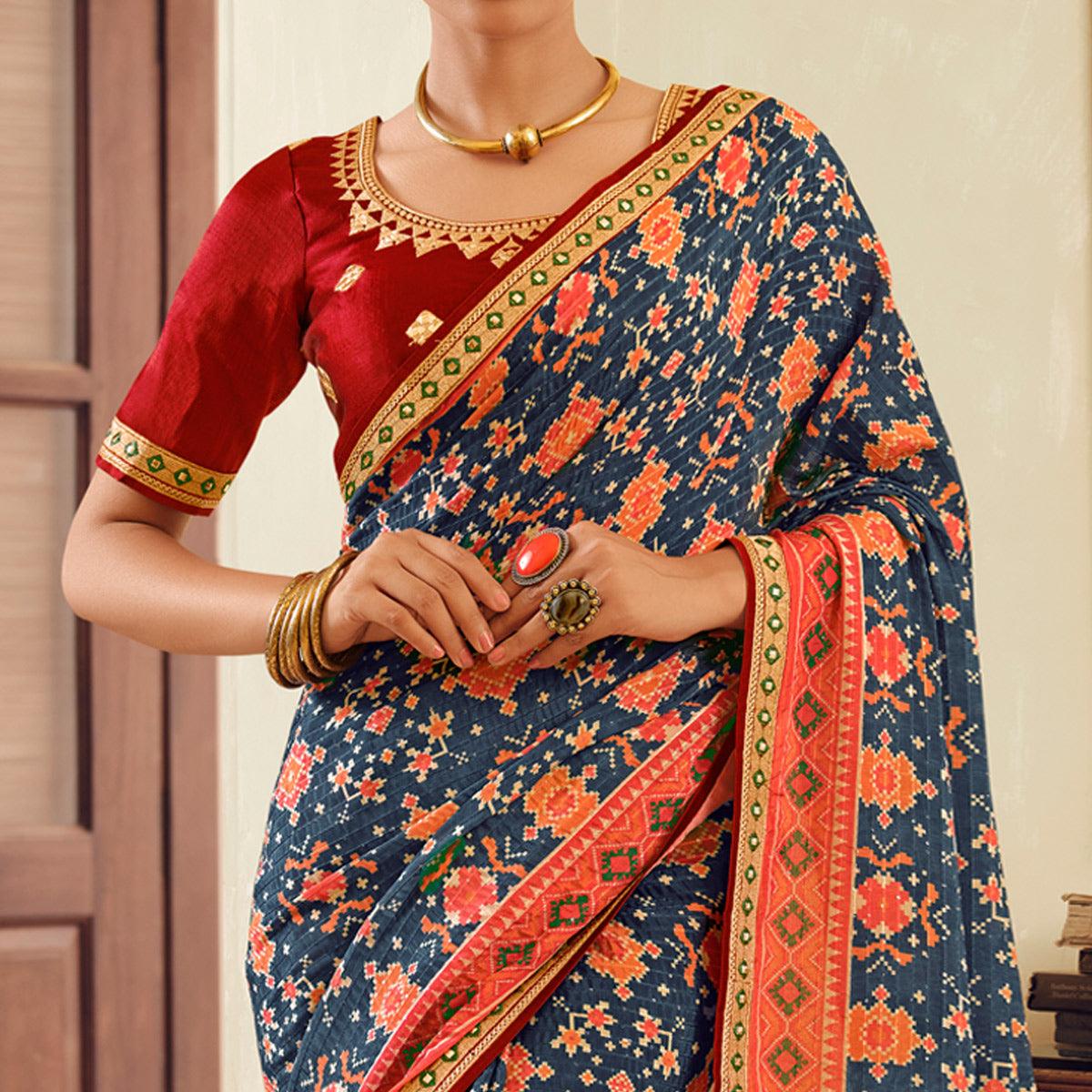 Blue Printed With Embellished Chiffon Saree With Tassels - Peachmode