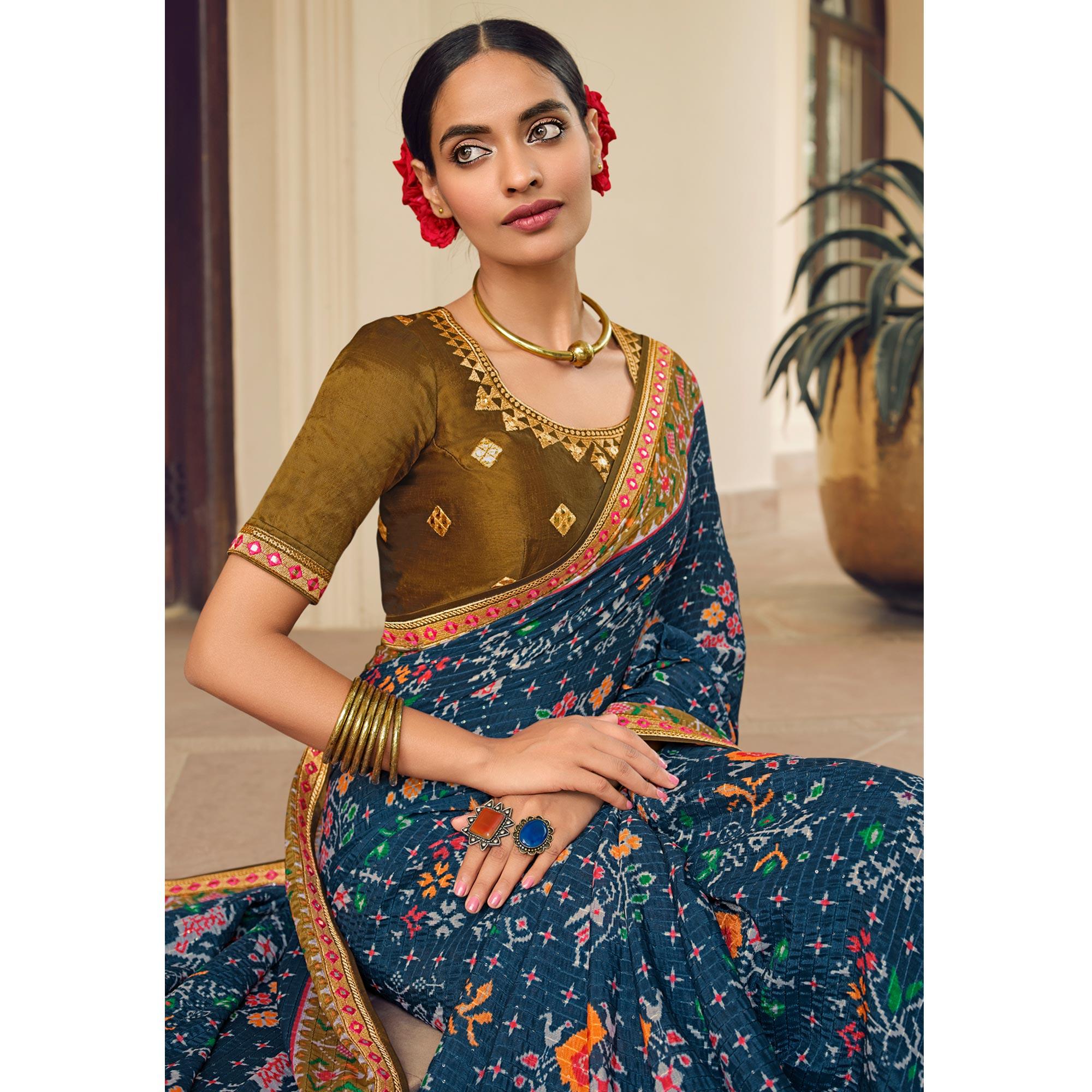 Blue Printed With Embellished Chiffon Saree With Tassels - Peachmode