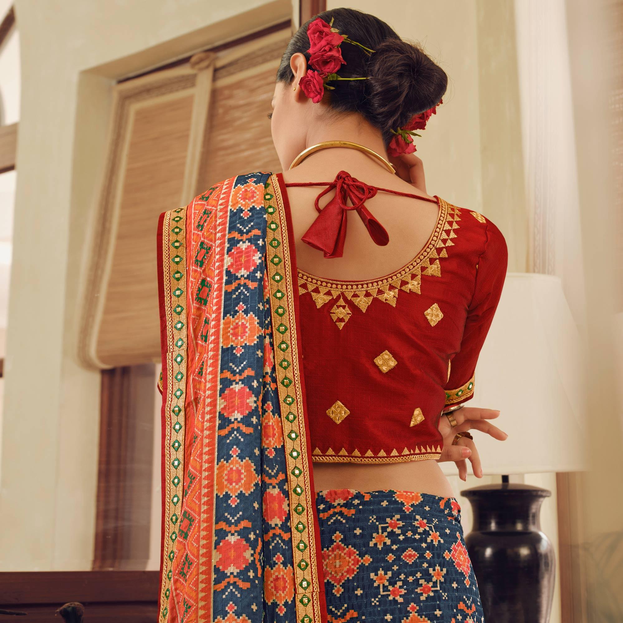 Blue Printed With Embellished Chiffon Saree With Tassels - Peachmode