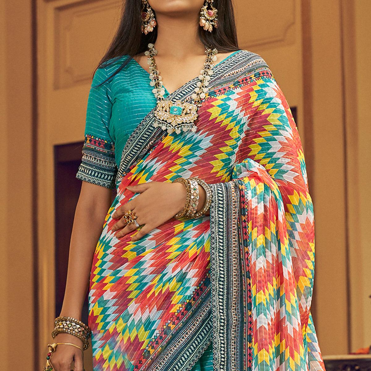 Blue Printed With Embellished Georgette Half and Half Saree - Peachmode