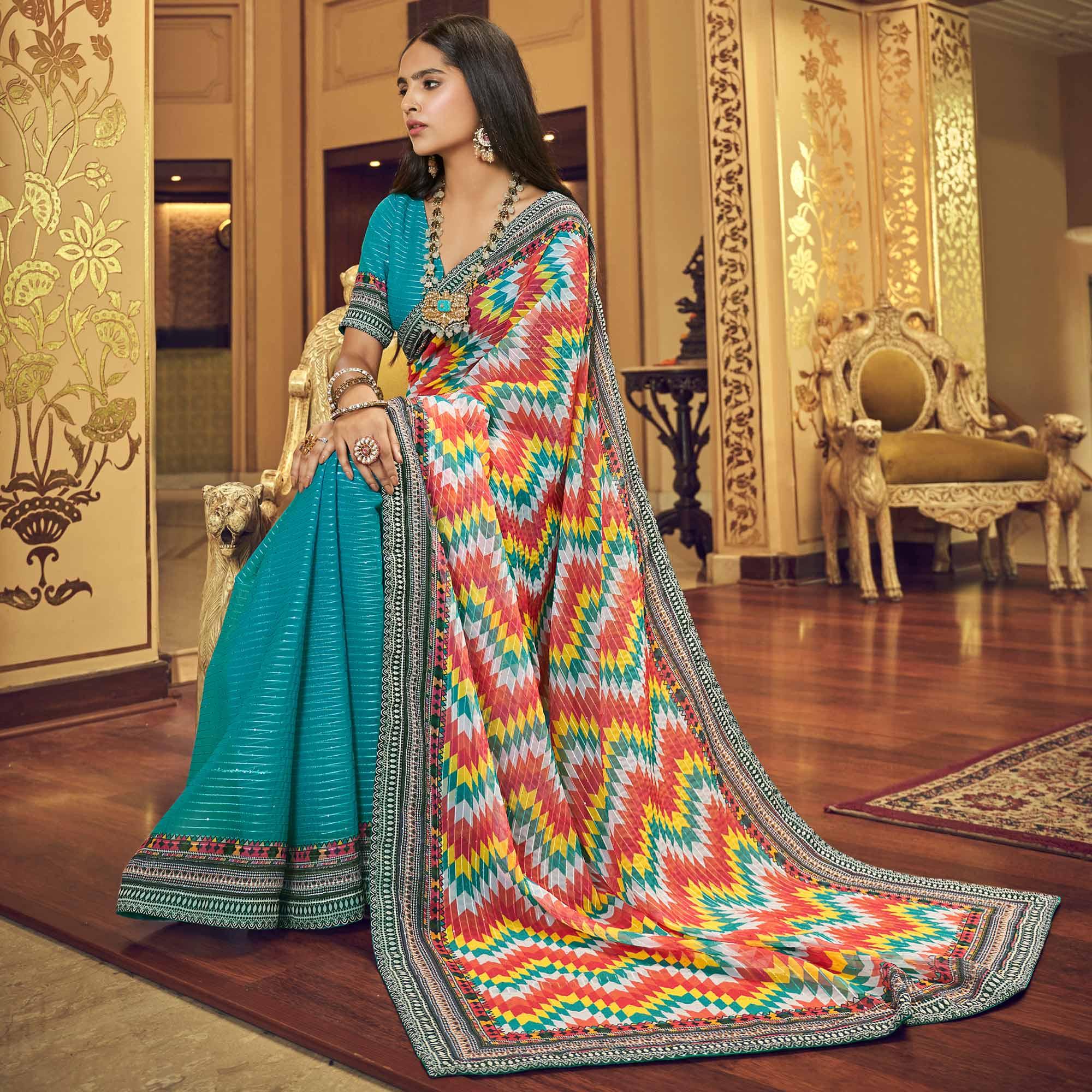 Blue Printed With Embellished Georgette Half and Half Saree - Peachmode