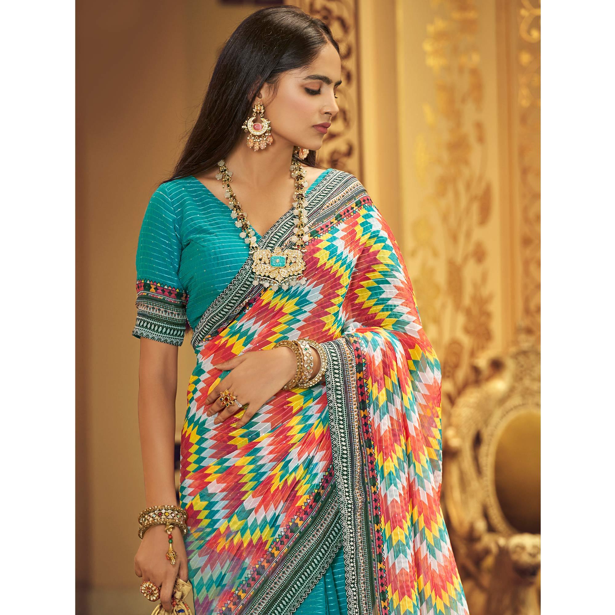 Blue Printed With Embellished Georgette Half and Half Saree - Peachmode