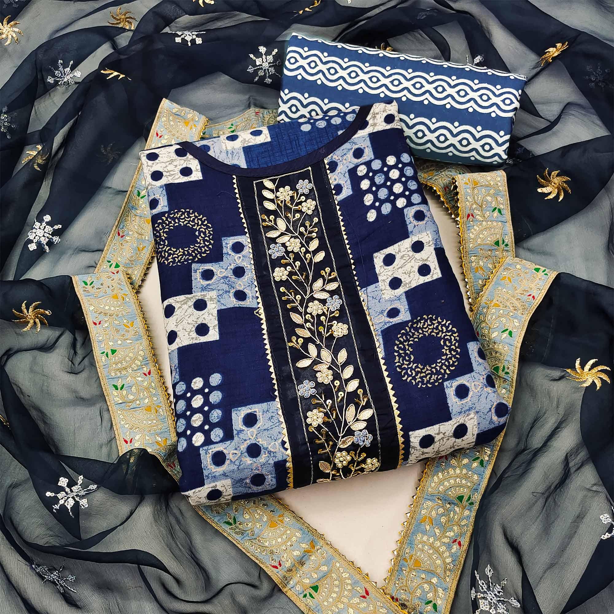 Blue Printed With Embellished Poly Cotton Dress Material - Peachmode