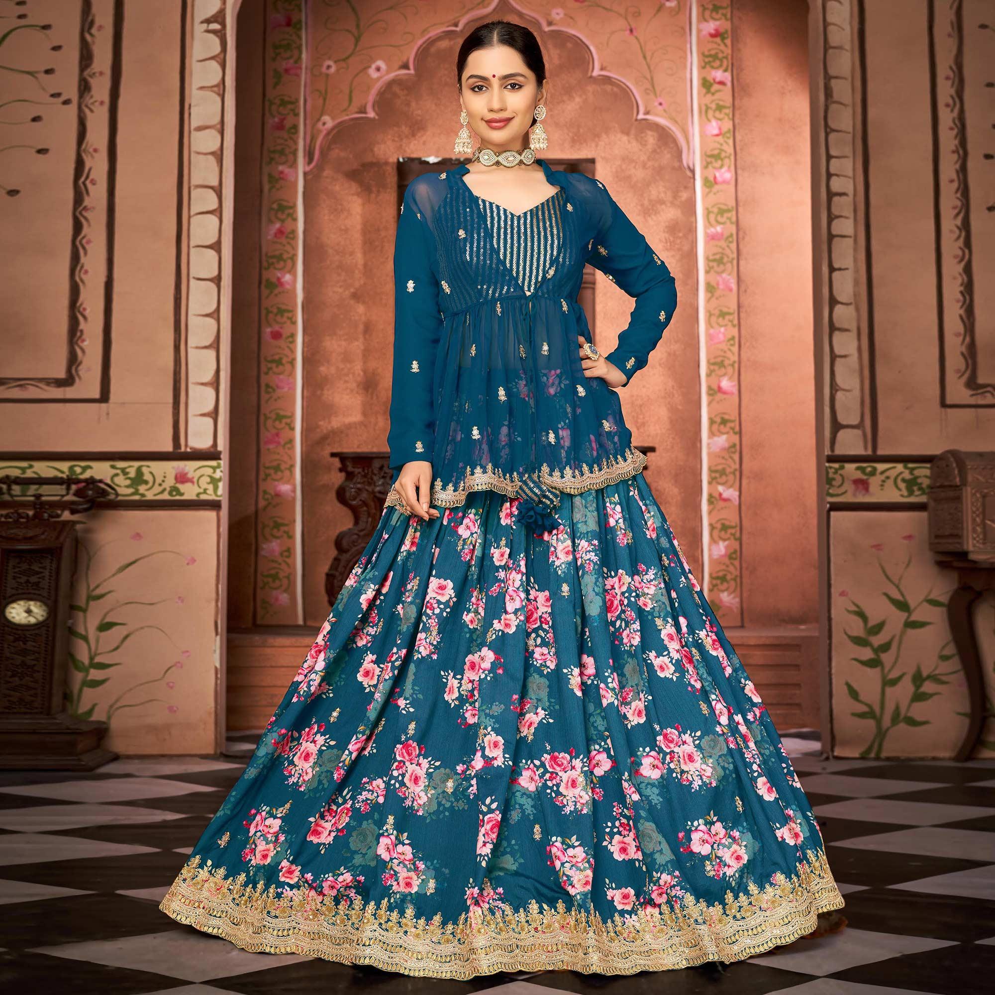 Blue Printed With Embroidered Chiffon Lehenga Choli With Koti - Peachmode