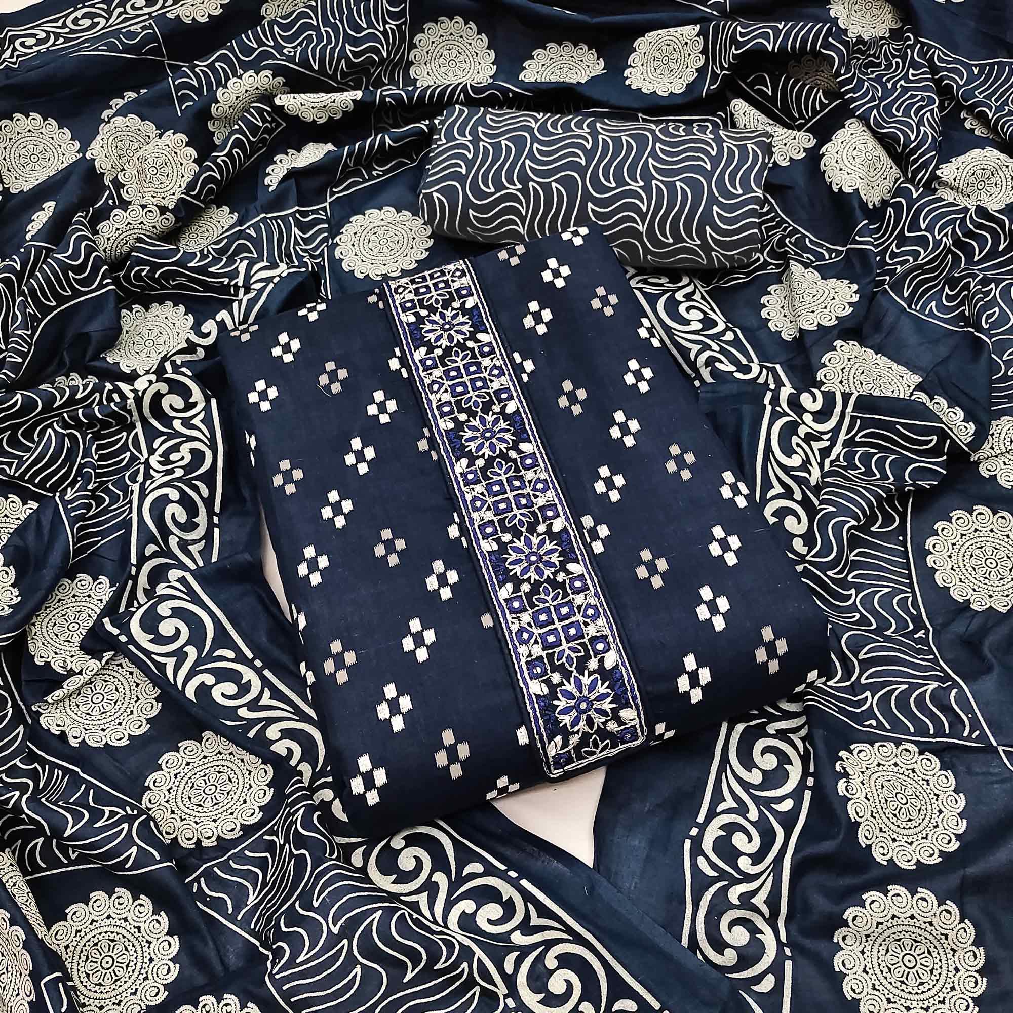 Blue Printed With Embroidered Cotton Blend Dress Material - Peachmode