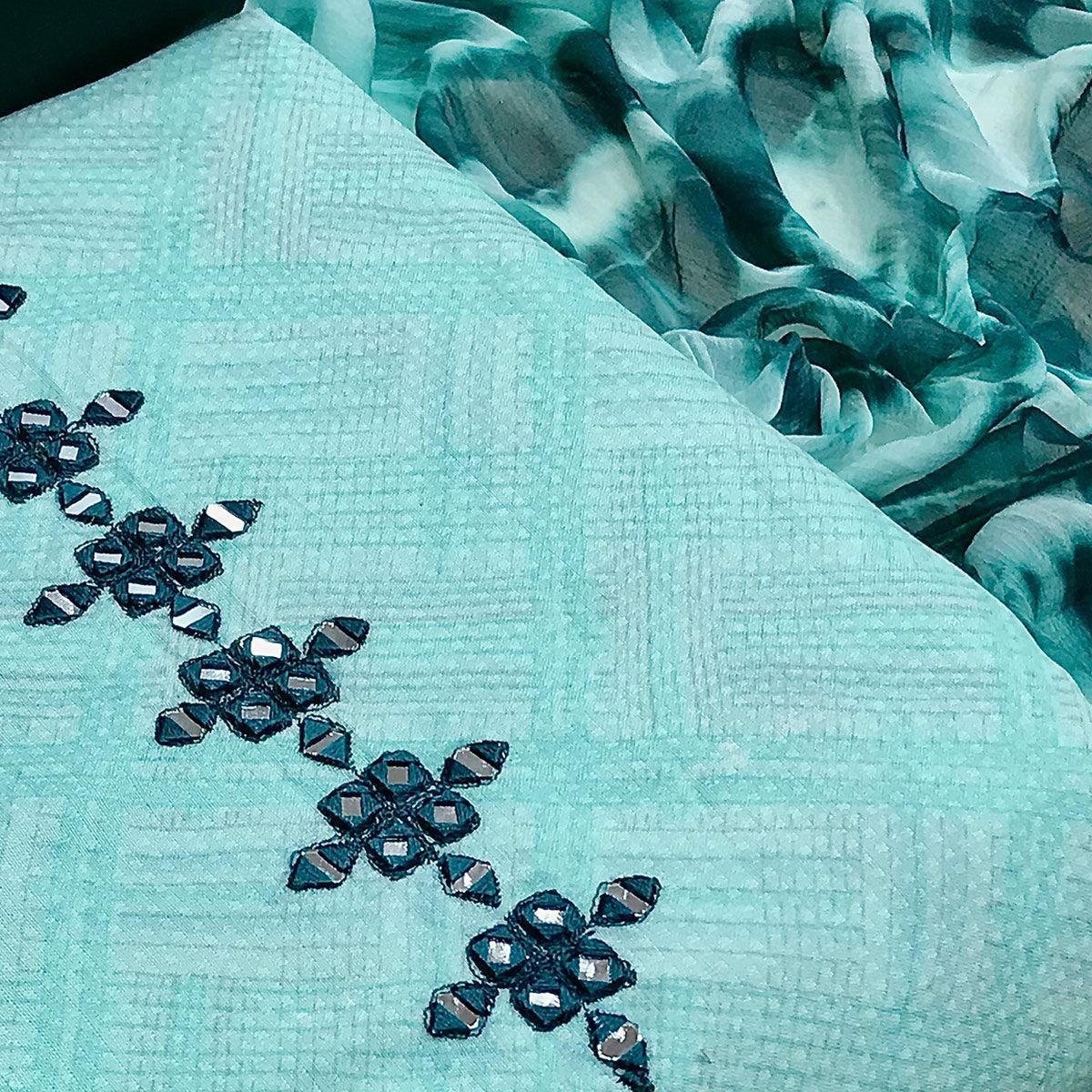 Blue Printed With Embroidered Cotton Blend Dress Material - Peachmode