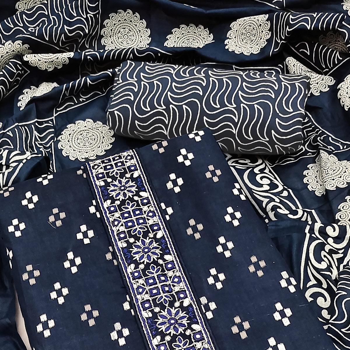 Blue Printed With Embroidered Cotton Blend Dress Material - Peachmode