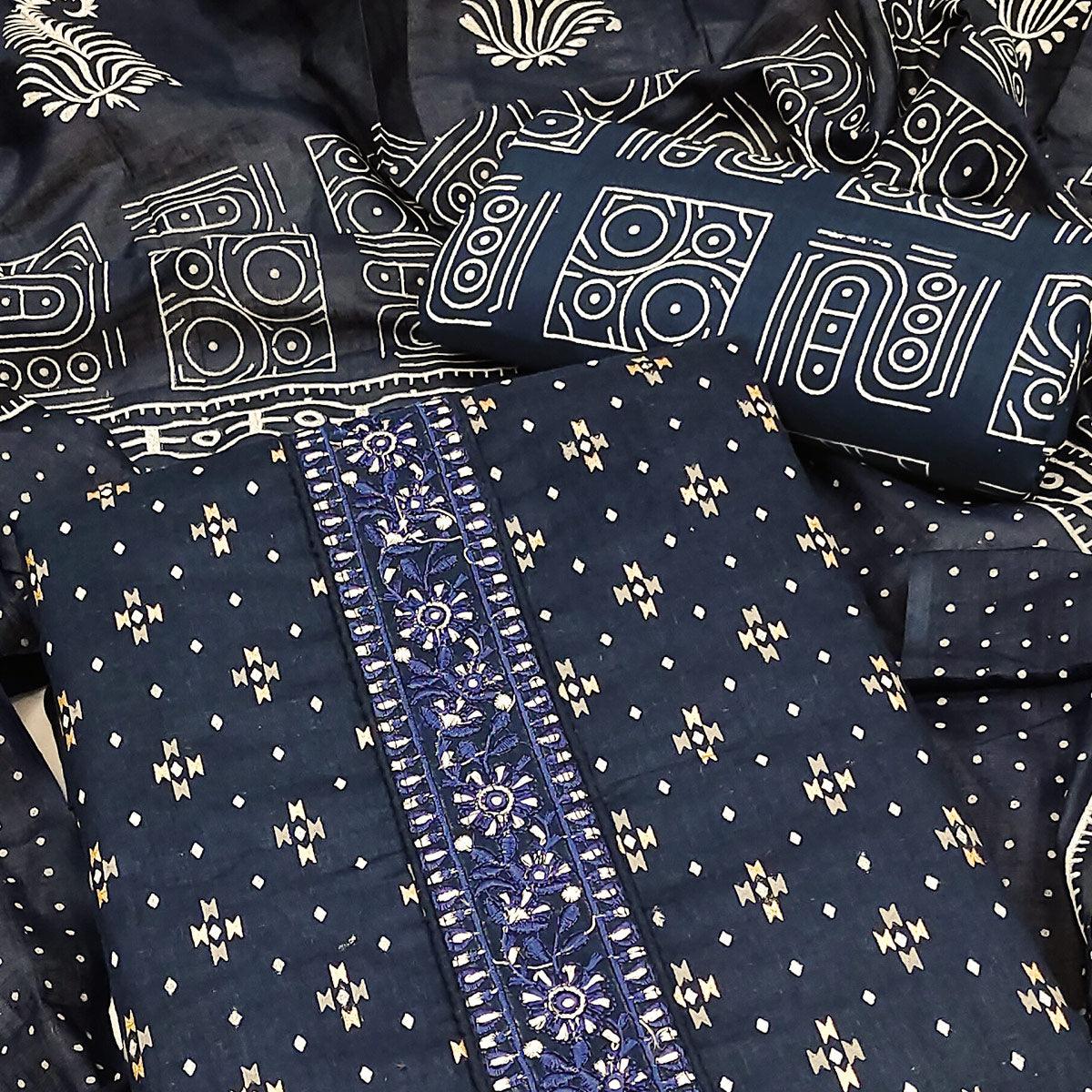 Blue Printed With Embroidered Cotton Blend Dress Material - Peachmode