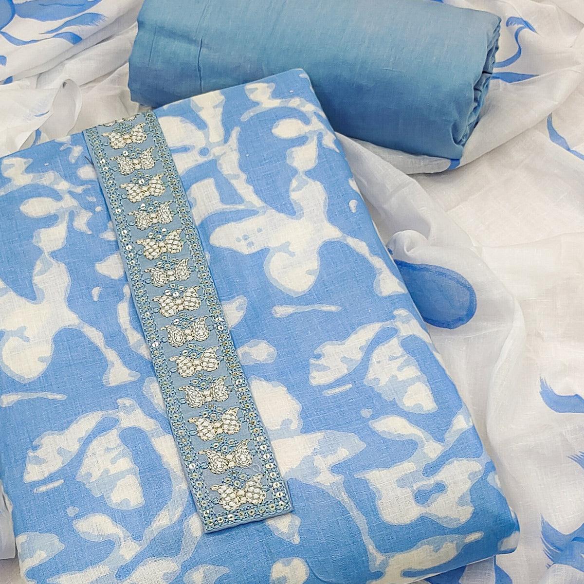 Blue Printed With Embroidered Cotton Blend Dress Material - Peachmode