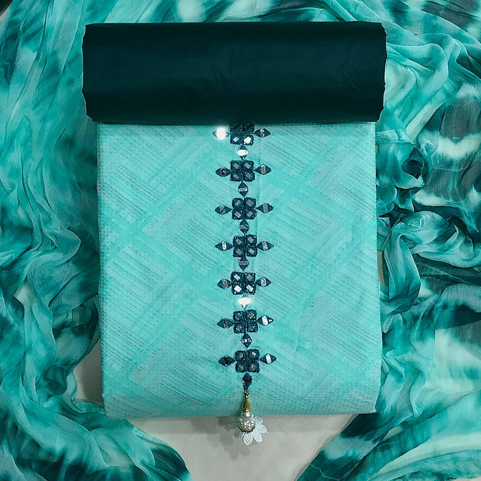 Blue Printed With Embroidered Cotton Blend Dress Material - Peachmode