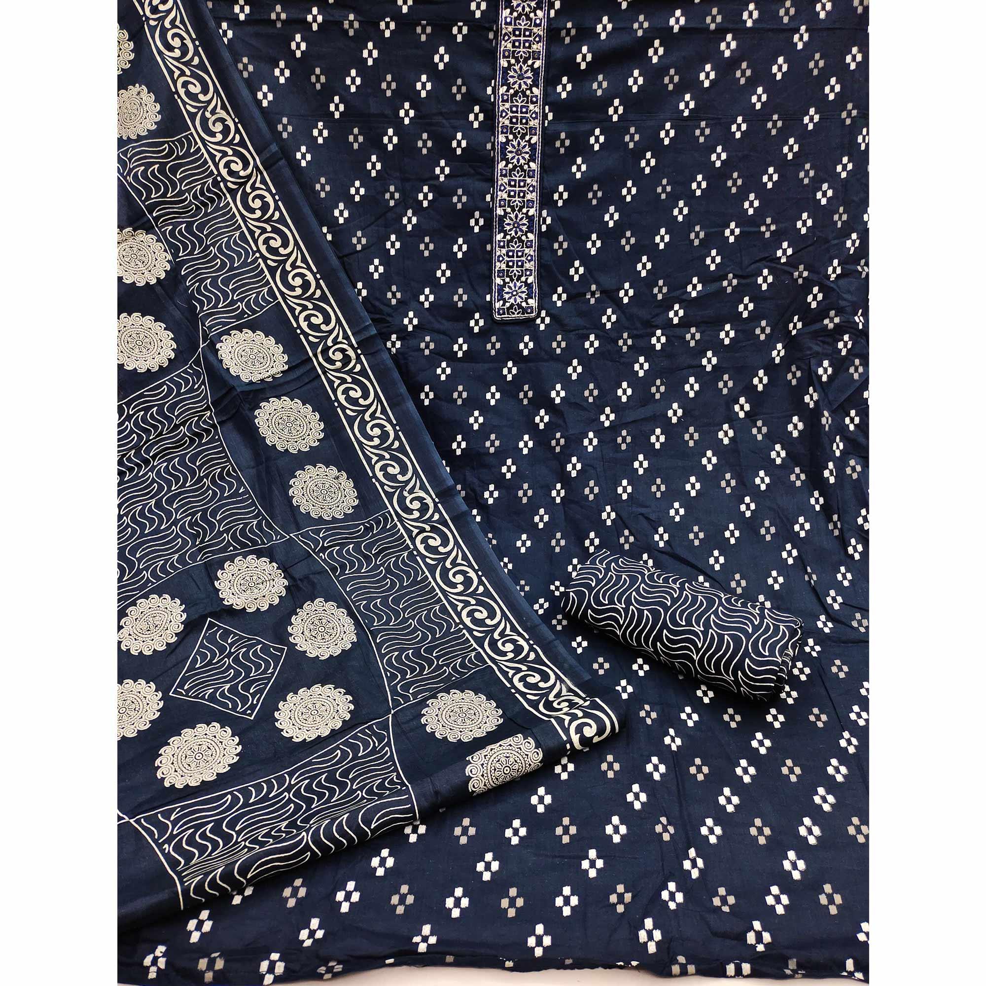 Blue Printed With Embroidered Cotton Blend Dress Material - Peachmode