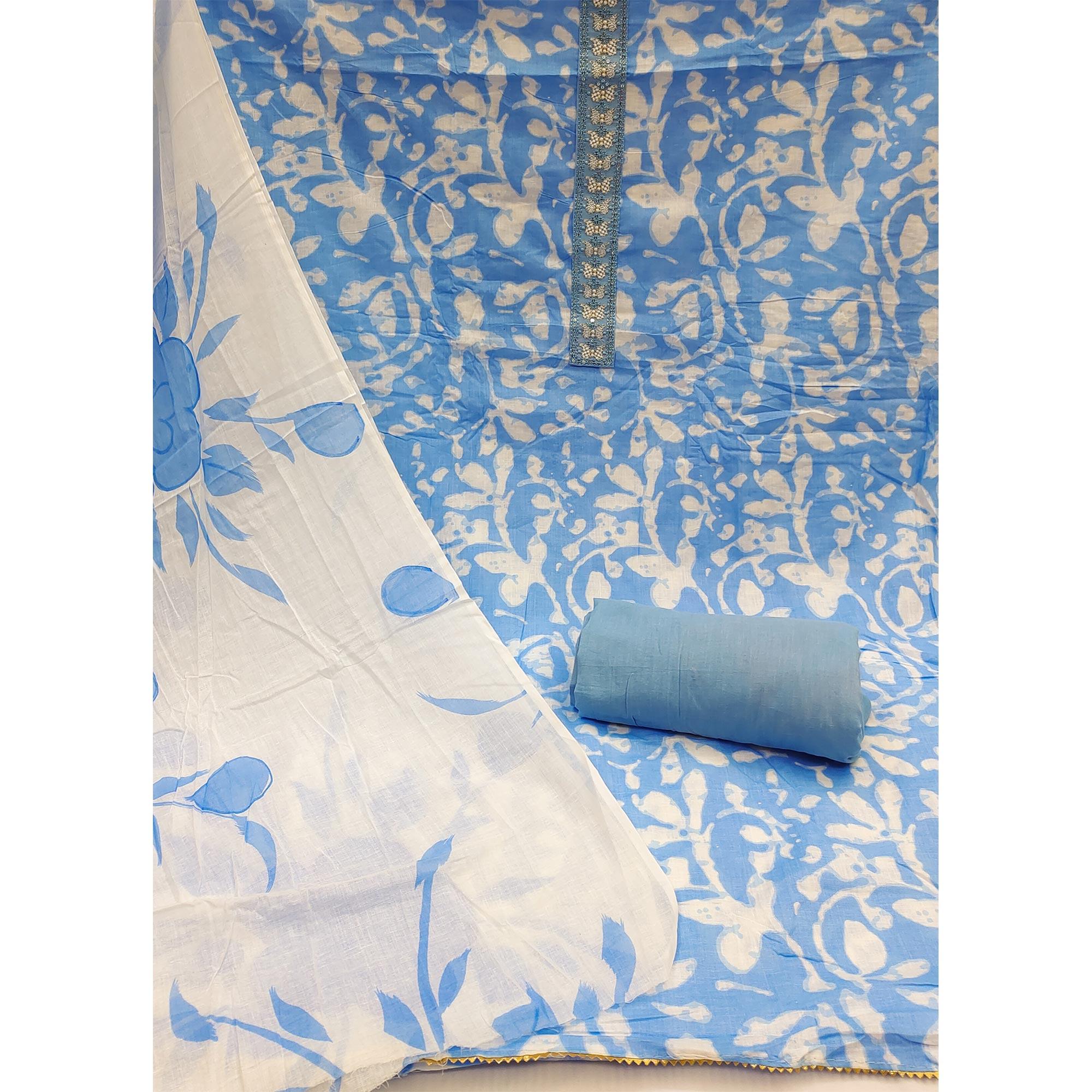 Blue Printed With Embroidered Cotton Blend Dress Material - Peachmode