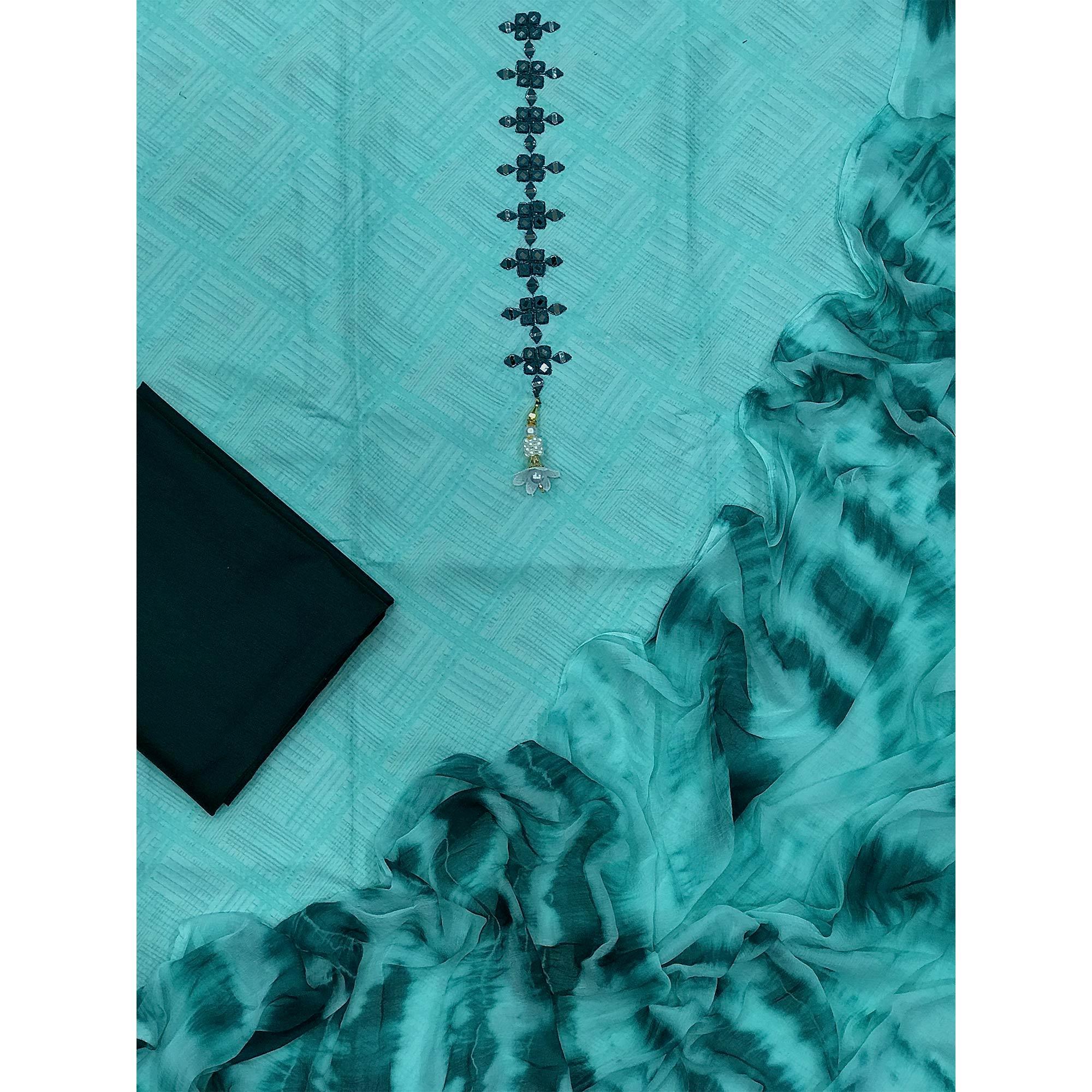 Blue Printed With Embroidered Cotton Blend Dress Material - Peachmode