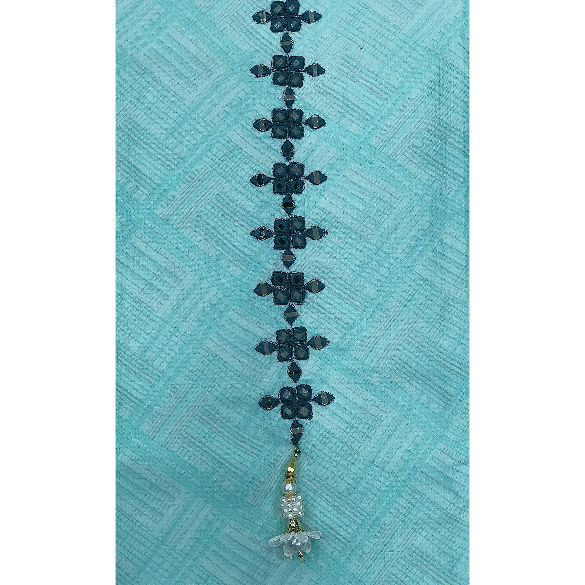 Blue Printed With Embroidered Cotton Blend Dress Material - Peachmode