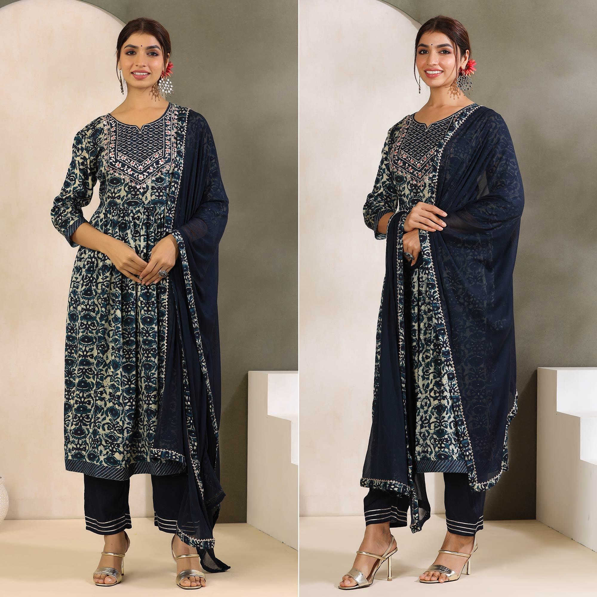 Blue Printed With Embroidered Muslin Anarkali Suit - Peachmode