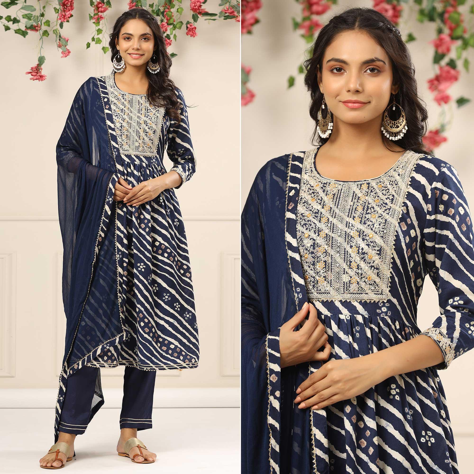 Blue Printed With Embroidered Muslin Anarkali Suit - Peachmode