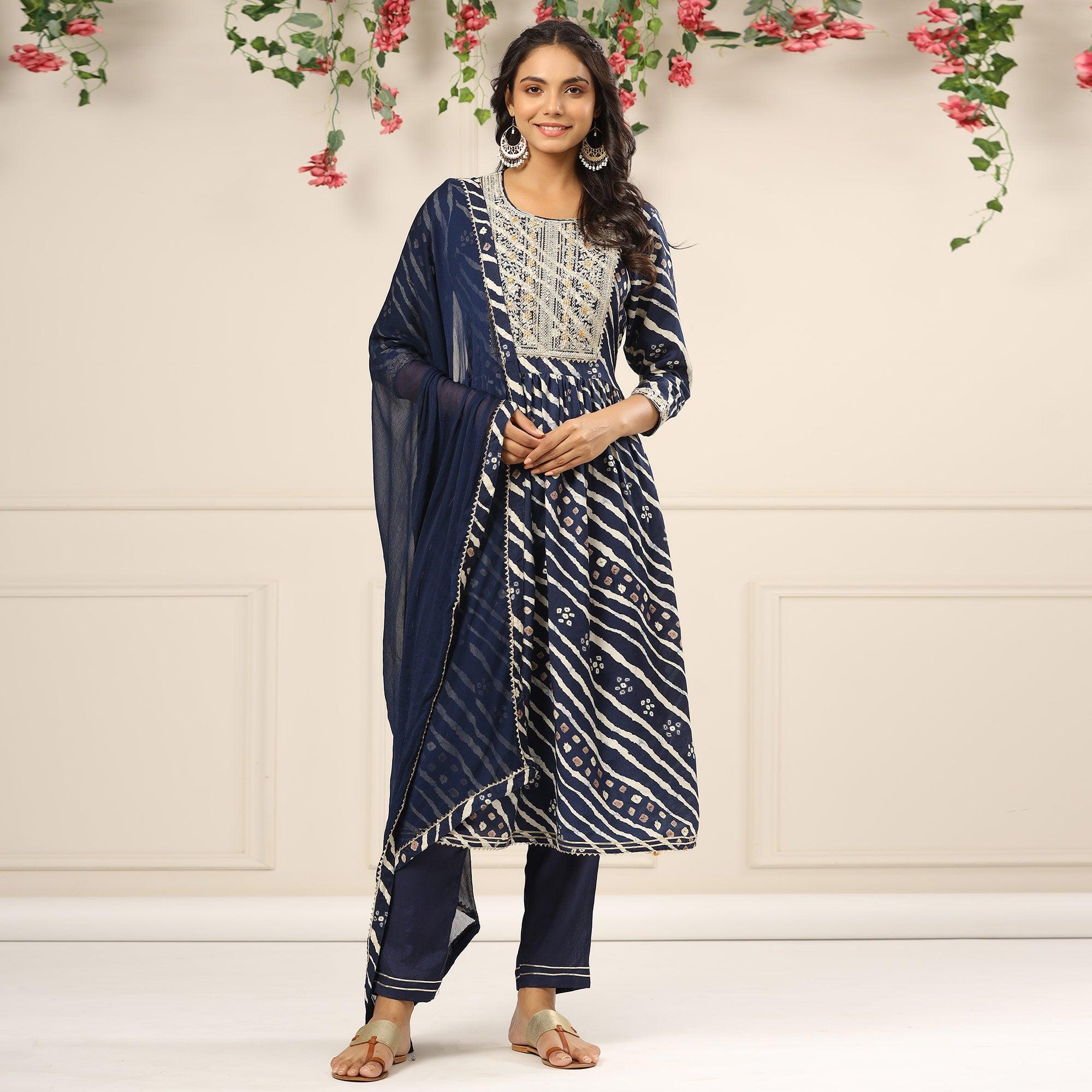 Blue Printed With Embroidered Muslin Anarkali Suit - Peachmode