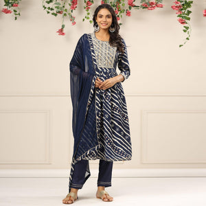 Blue Printed With Embroidered Muslin Anarkali Suit - Peachmode