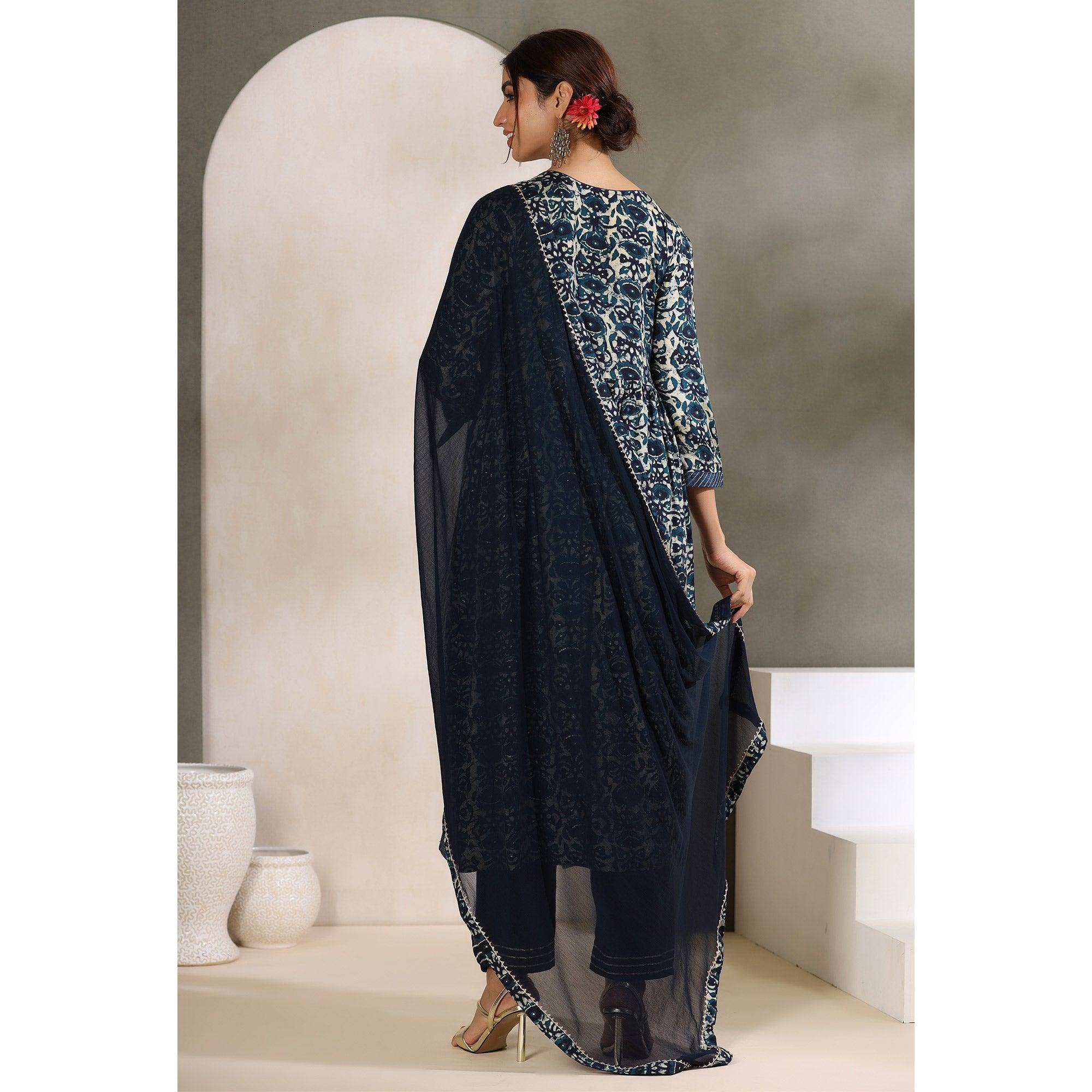 Blue Printed With Embroidered Muslin Anarkali Suit - Peachmode