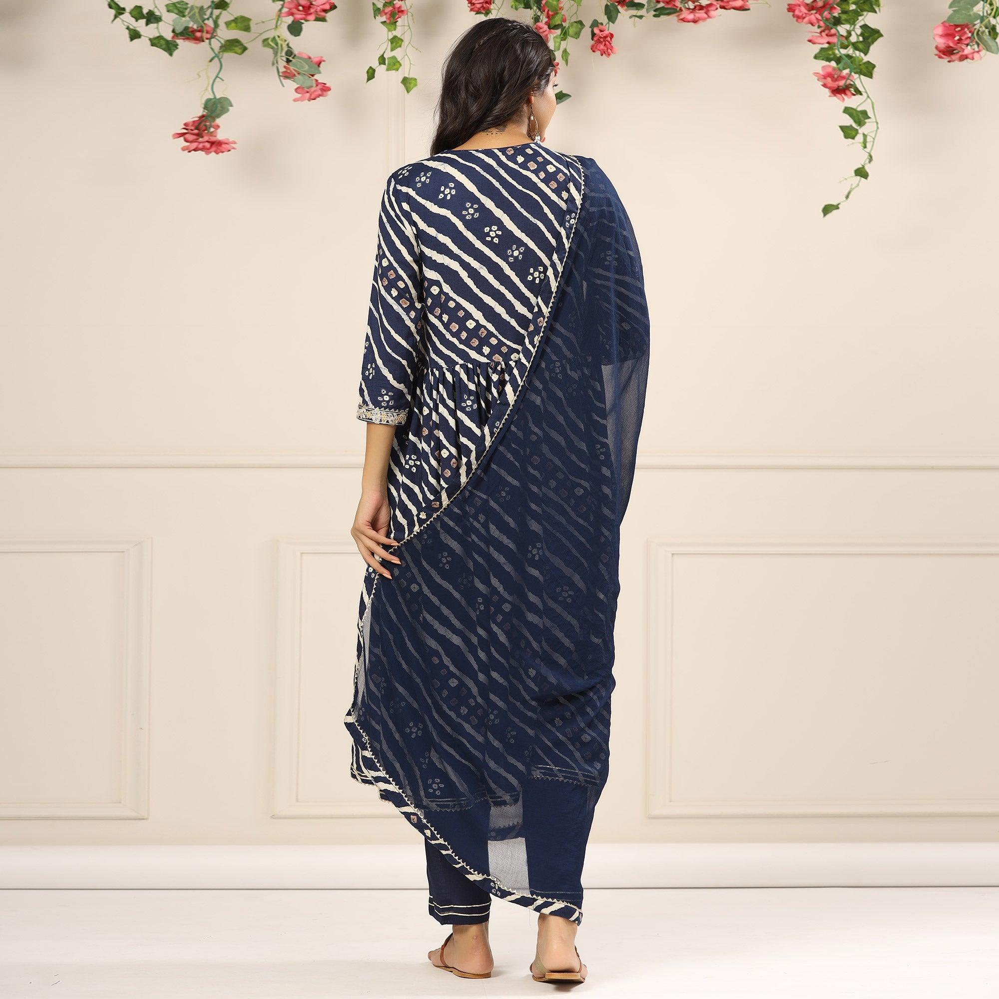 Blue Printed With Embroidered Muslin Anarkali Suit - Peachmode
