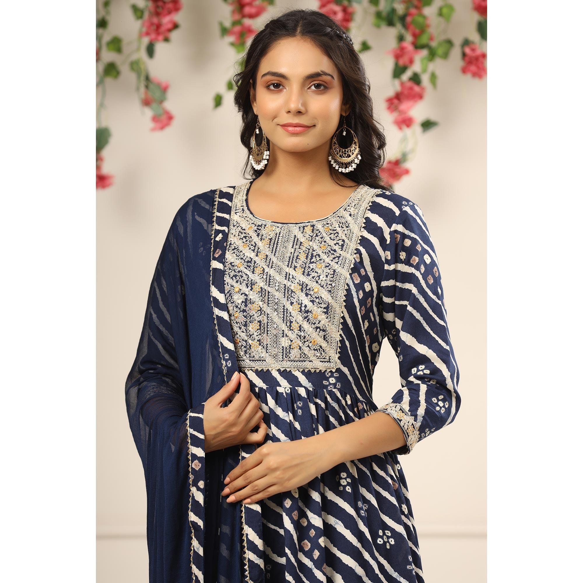 Blue Printed With Embroidered Muslin Anarkali Suit - Peachmode
