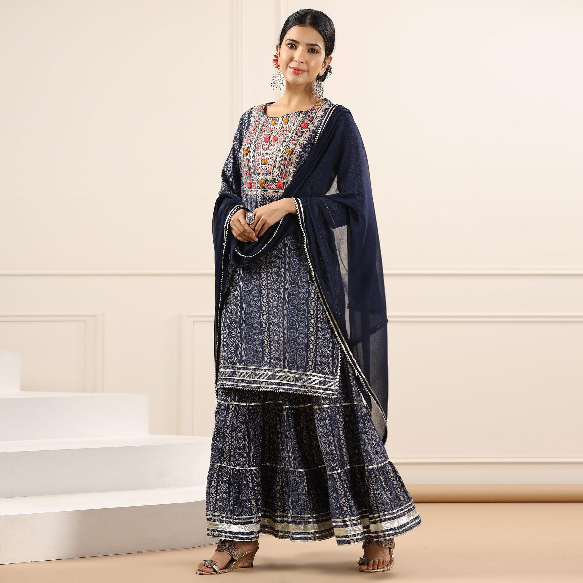 Blue Printed With Embroidered Muslin Sharara Suit - Peachmode