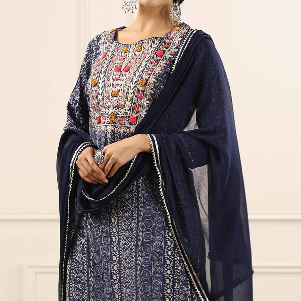 Blue Printed With Embroidered Muslin Sharara Suit - Peachmode
