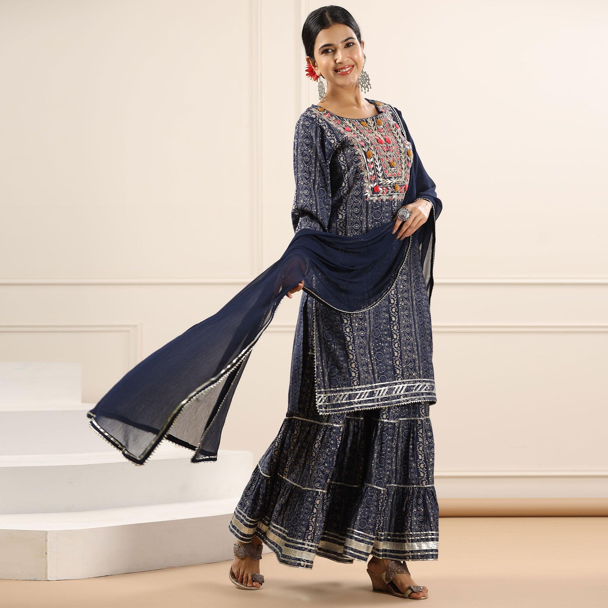 Blue Printed With Embroidered Muslin Sharara Suit - Peachmode