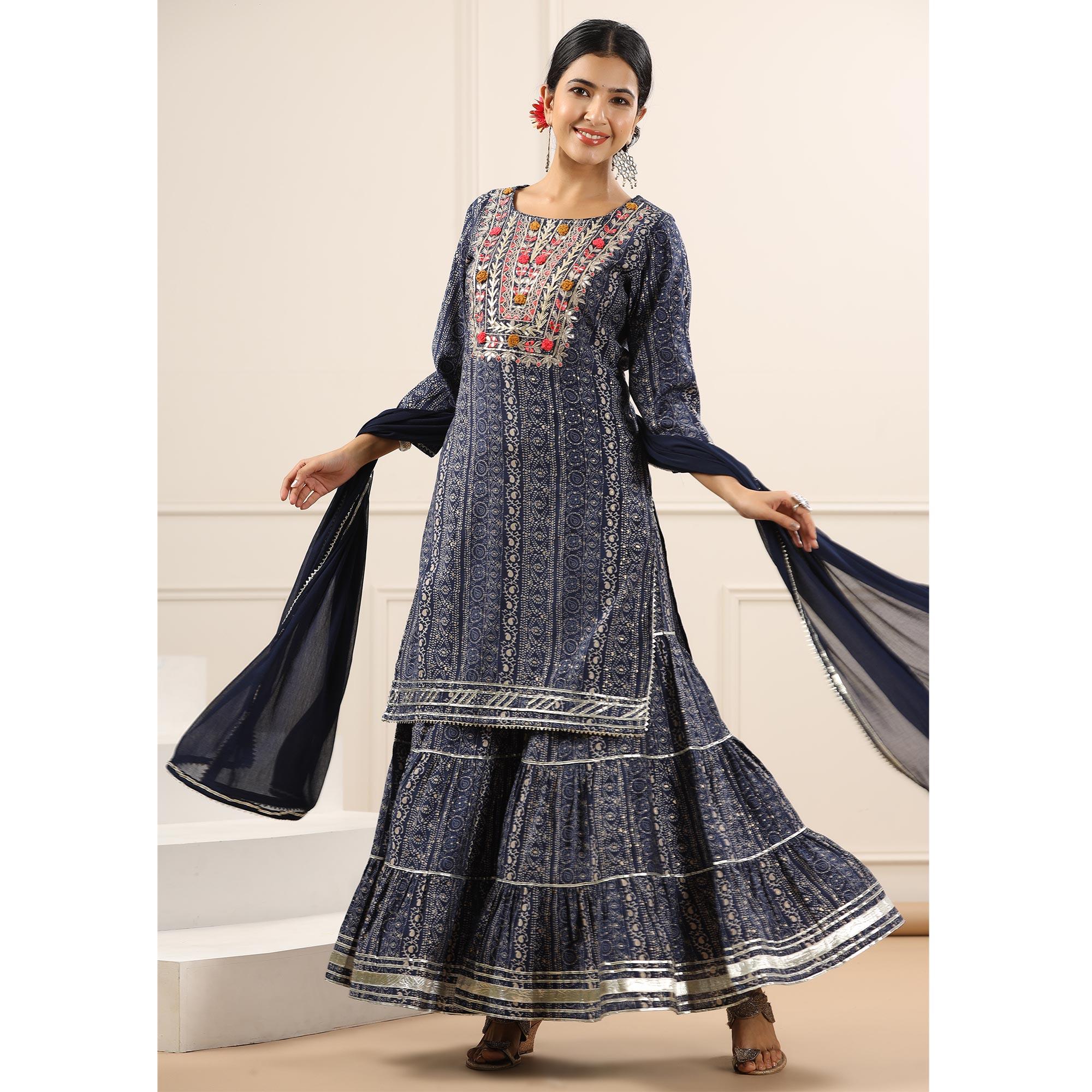Blue Printed With Embroidered Muslin Sharara Suit - Peachmode