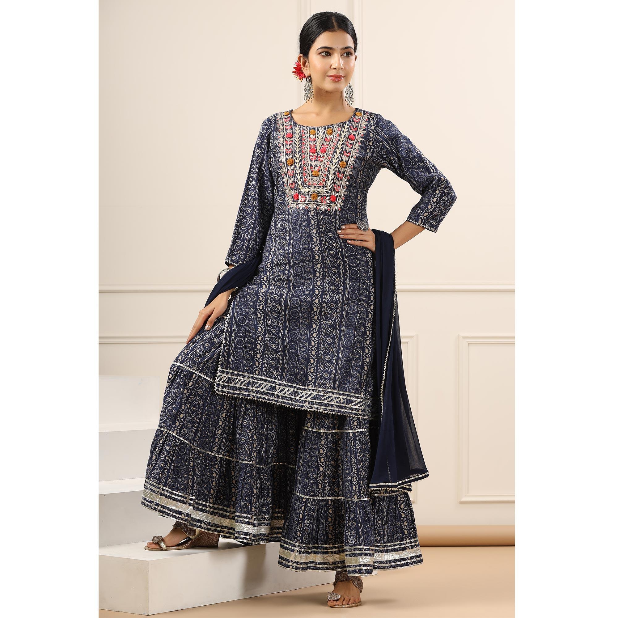 Blue Printed With Embroidered Muslin Sharara Suit - Peachmode