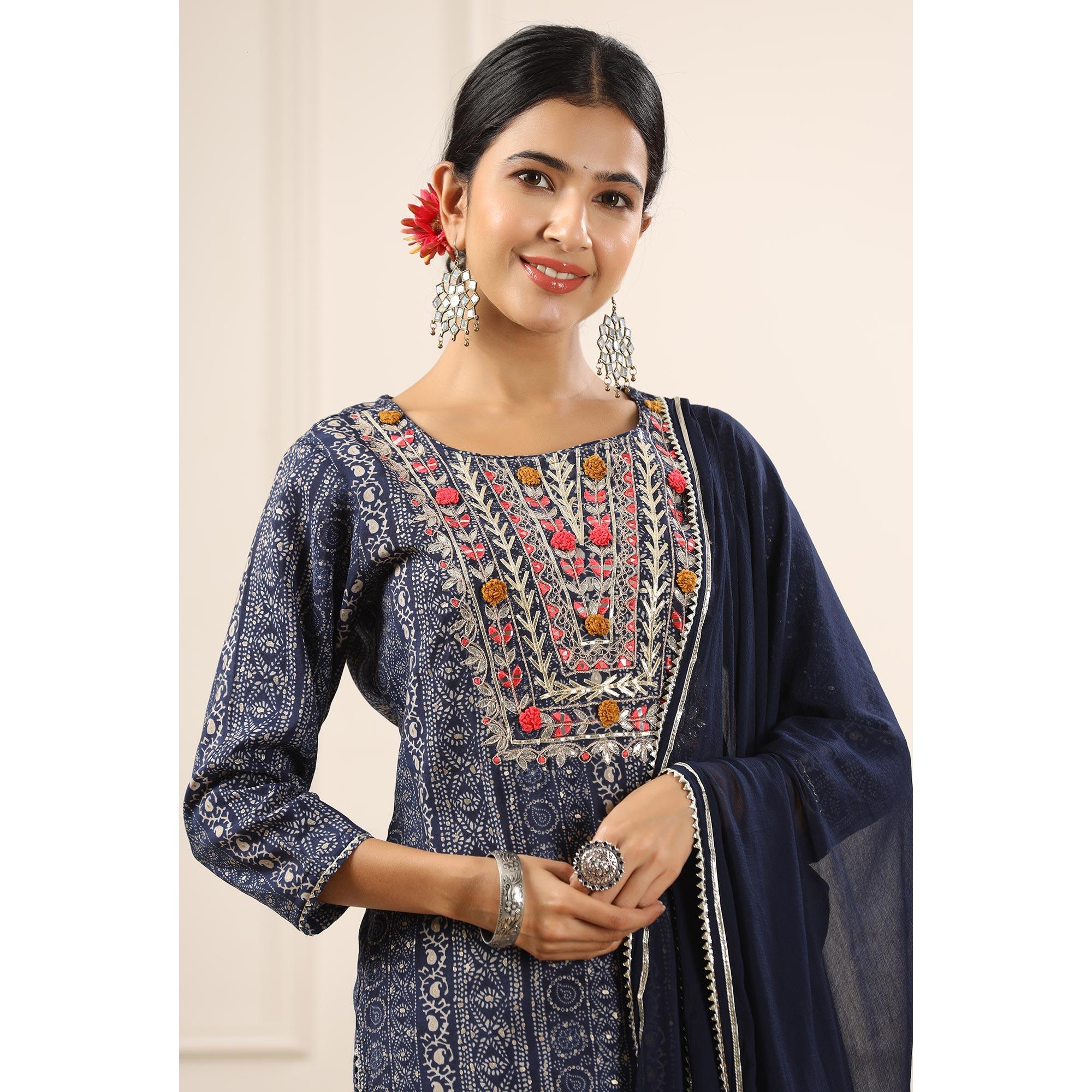 Blue Printed With Embroidered Muslin Sharara Suit - Peachmode