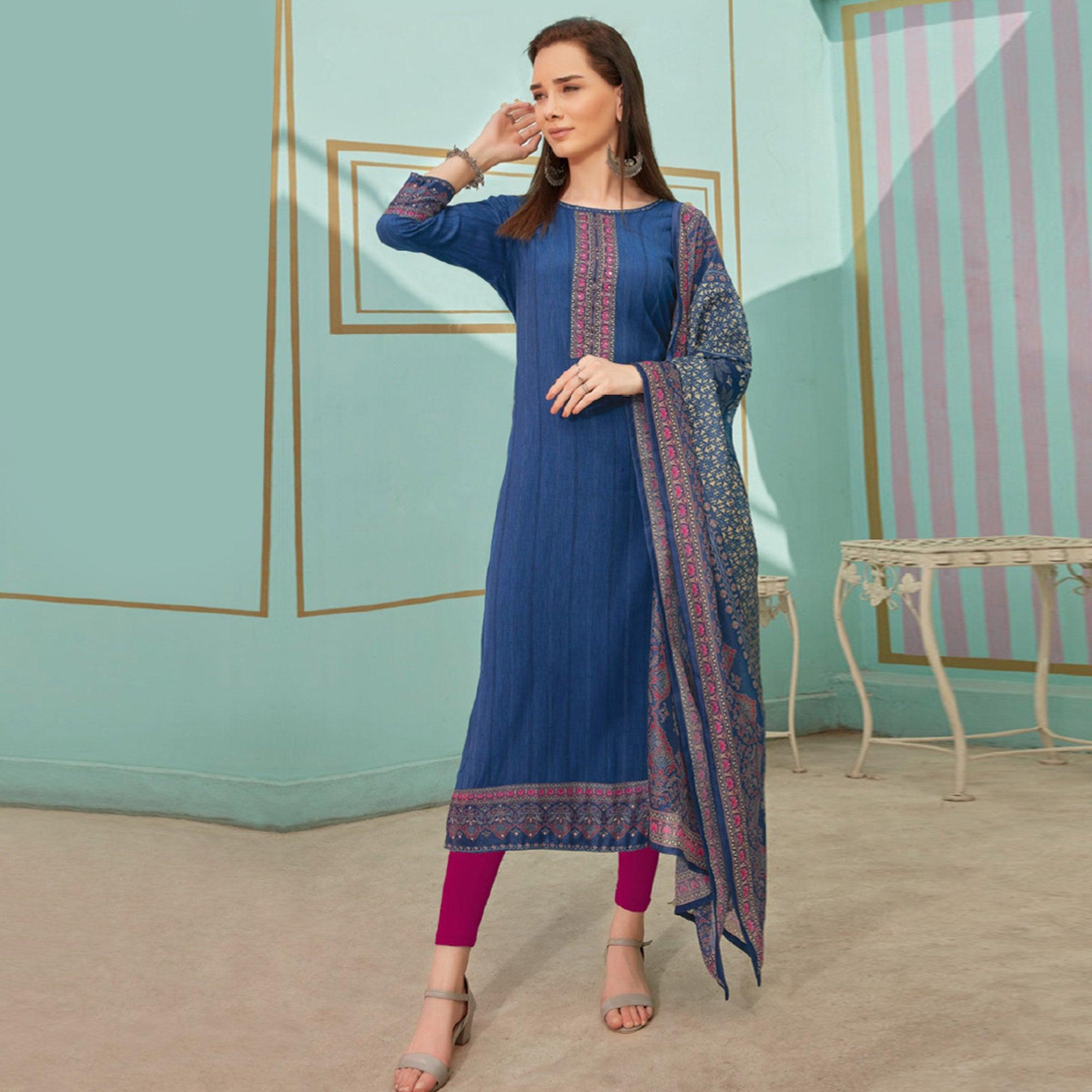 Blue Printed With Embroidery Tapetta Silk Kurti With Dupatta - Peachmode