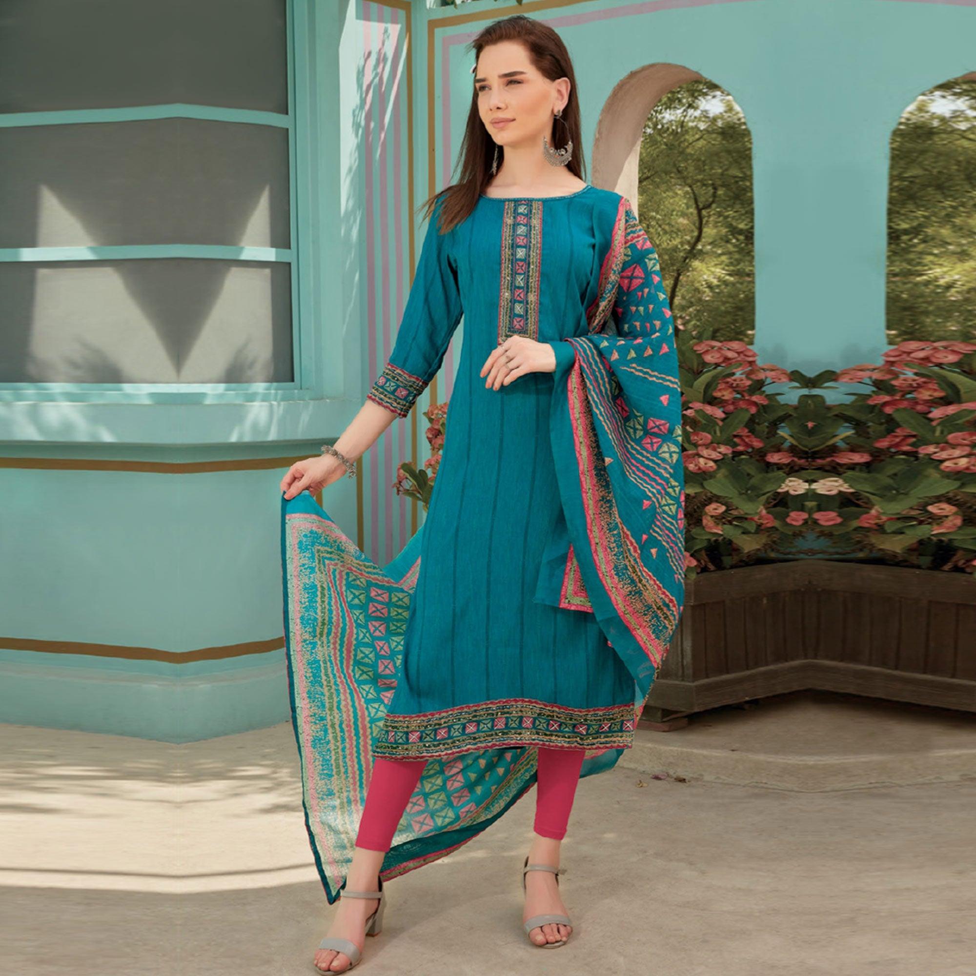 Blue Printed With Embroidery Tapetta Silk Kurti With Dupatta - Peachmode
